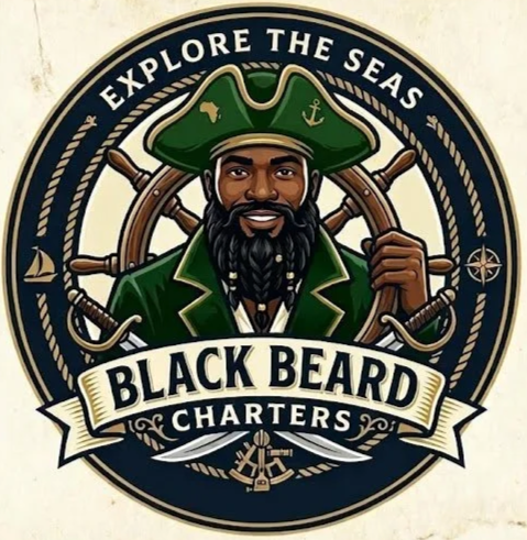 Logo featuring a Black man with a beard dressed as a pirate captain, wearing a green coat and hat, surrounded by nautical elements, with text 'Explore the Seas' and 'Black Beard Charters'.