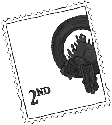 A postage stamp featuring an astronaut floating in space near Saturn with its rings, and the text '2ND' in the bottom left corner.