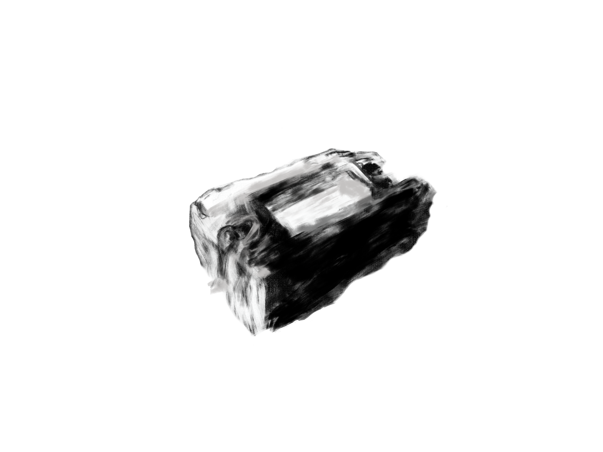 A black and white artwork of a rock with a small red streak on its surface, floating or suspended in a dark space.