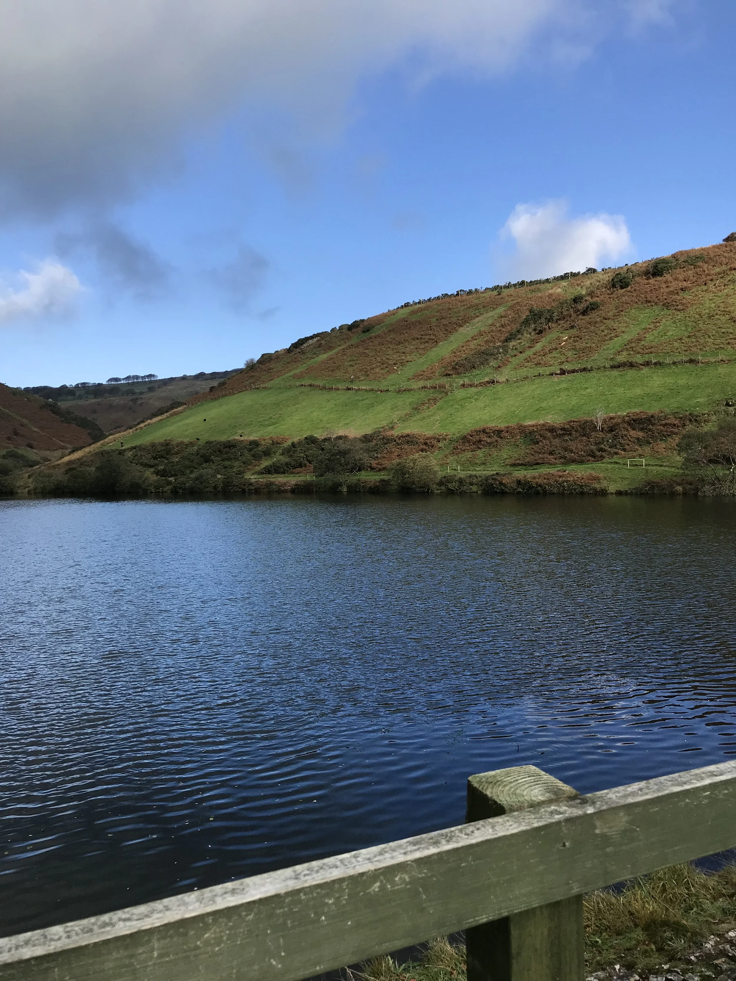 A lake with a wooden railing in the foreground. Green hills with patches of brown vegetation in the background under a partly cloudy sky.
