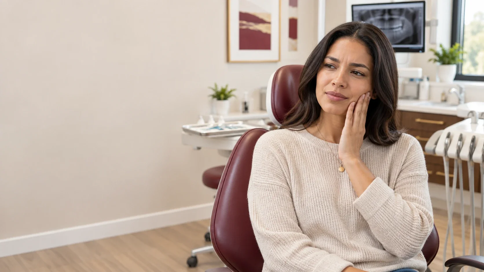 A woman sitting in a dental chair holding her face in pain inside a dental office with dental tools and equipment in the background.