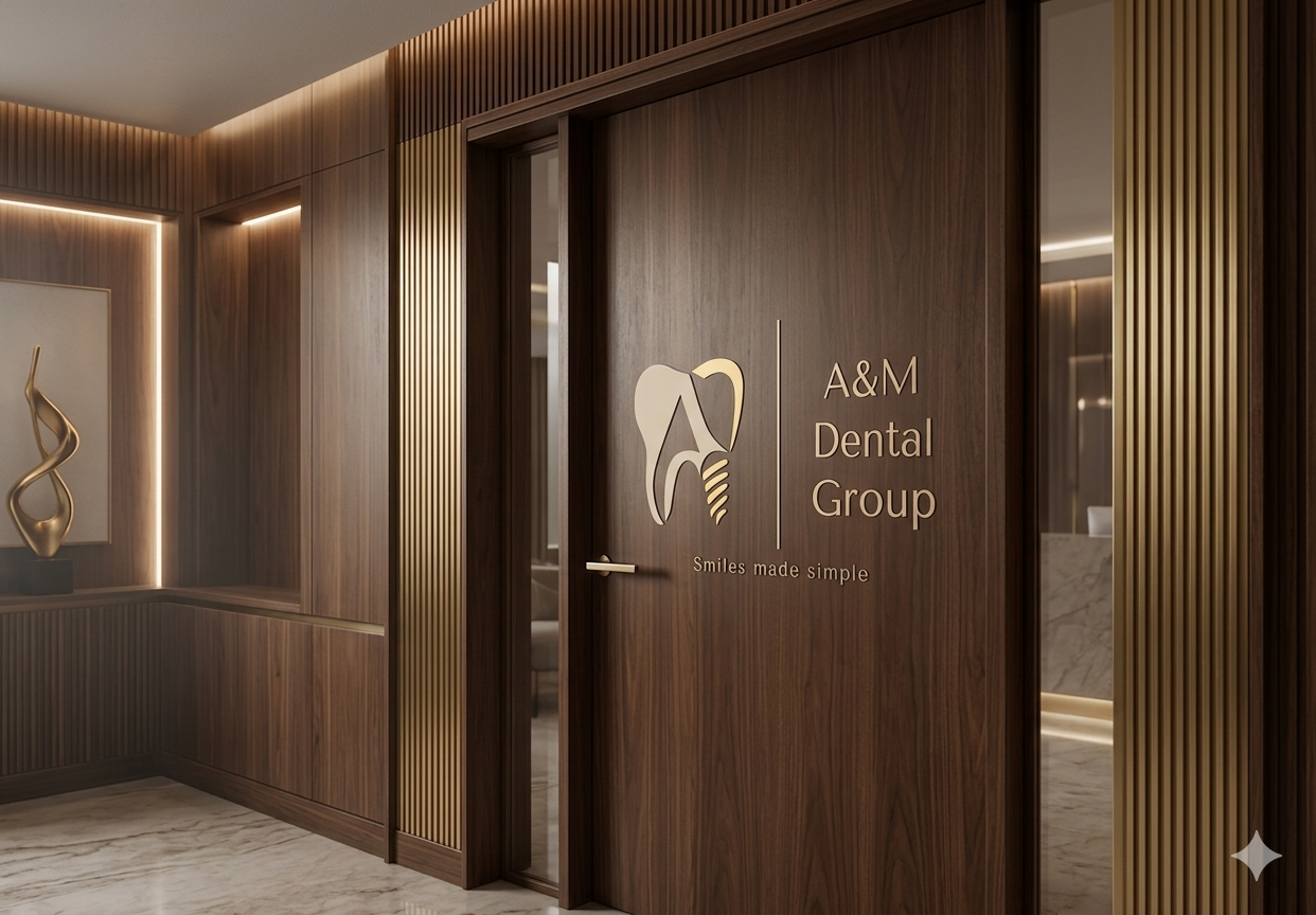 Interior of a dental office with wooden paneling and gold accents, featuring a logo of a tooth and the text 'A&M Dental Group' along with the slogan 'Smiles made simple' on a door.