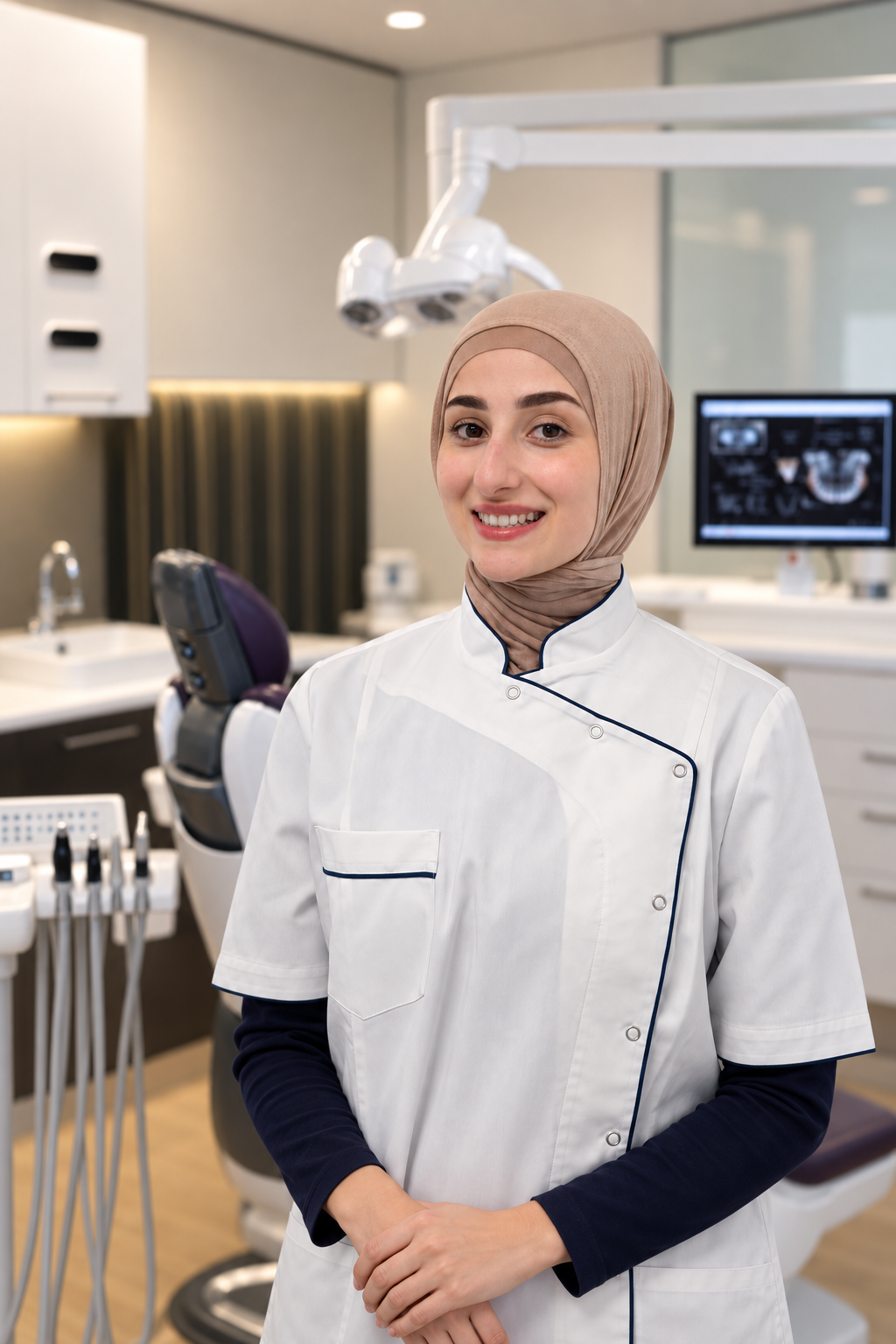A female dentist wearing a beige hijab and white dental coat smiling in a dental clinic with dental instruments and a computer monitor in the background.