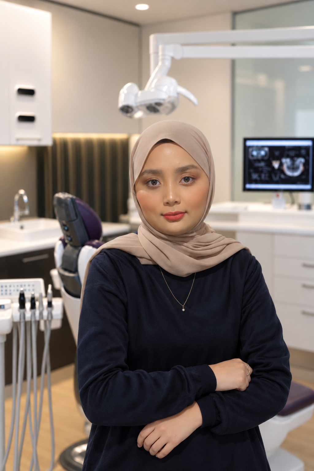 A young woman wearing a beige hijab and dark long-sleeve shirt standing with crossed arms inside a dental clinic, with dental equipment and a computer monitor displaying dental images in the background.