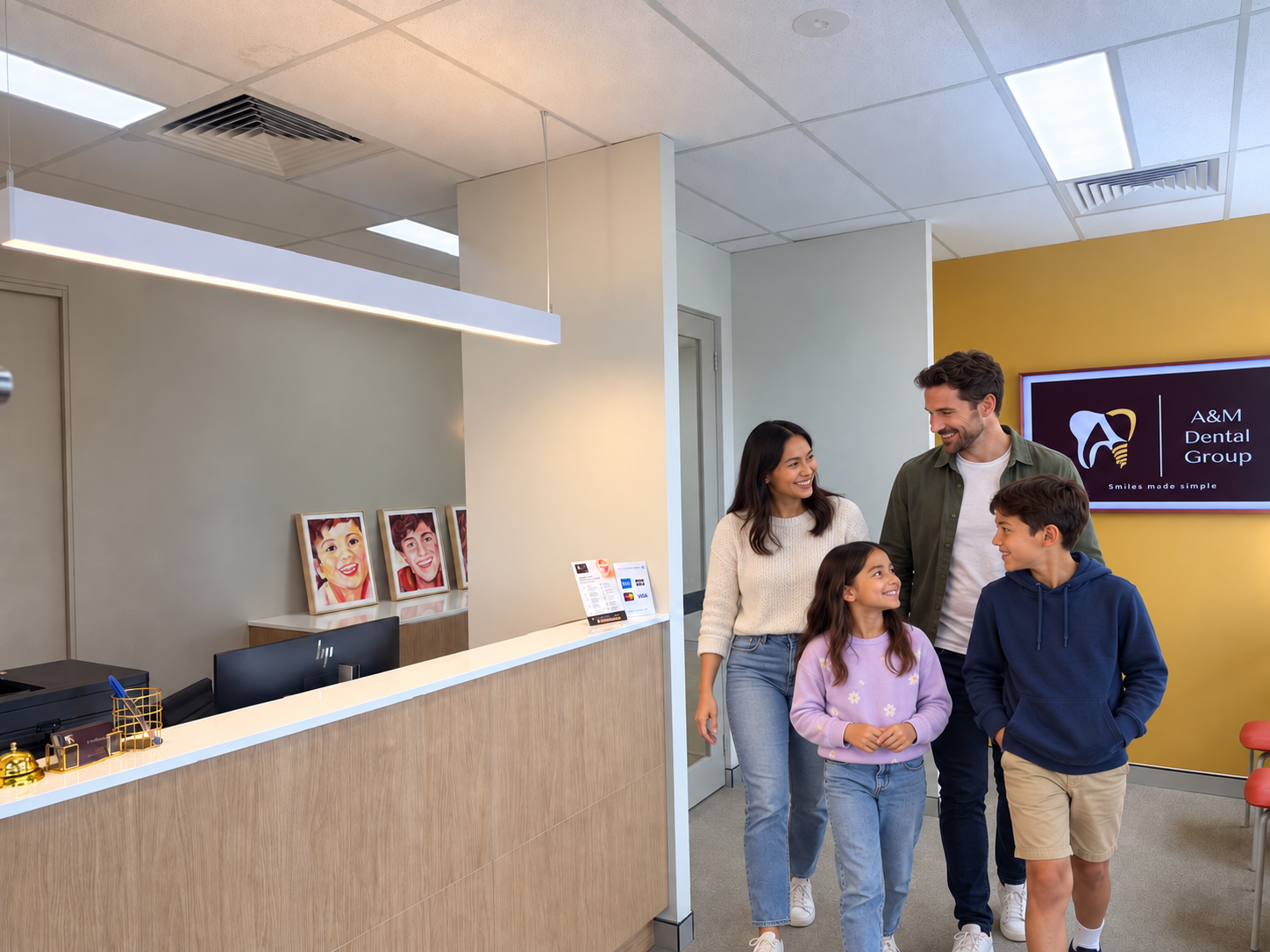 Actual clinic reception with an AI-generated family added for illustration.