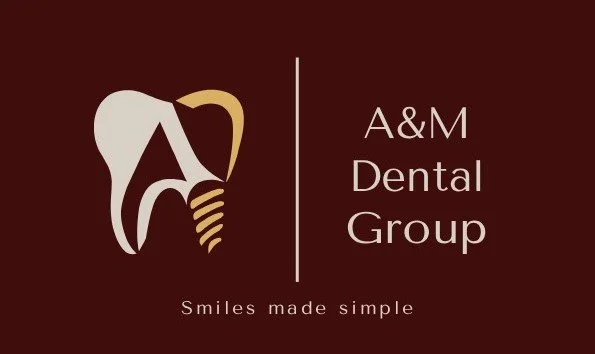 A logo with a stylized tooth and screw, divided by a vertical line from the text 'A&M Dental Group' on the right and the slogan 'Smiles made simple' underneath.
