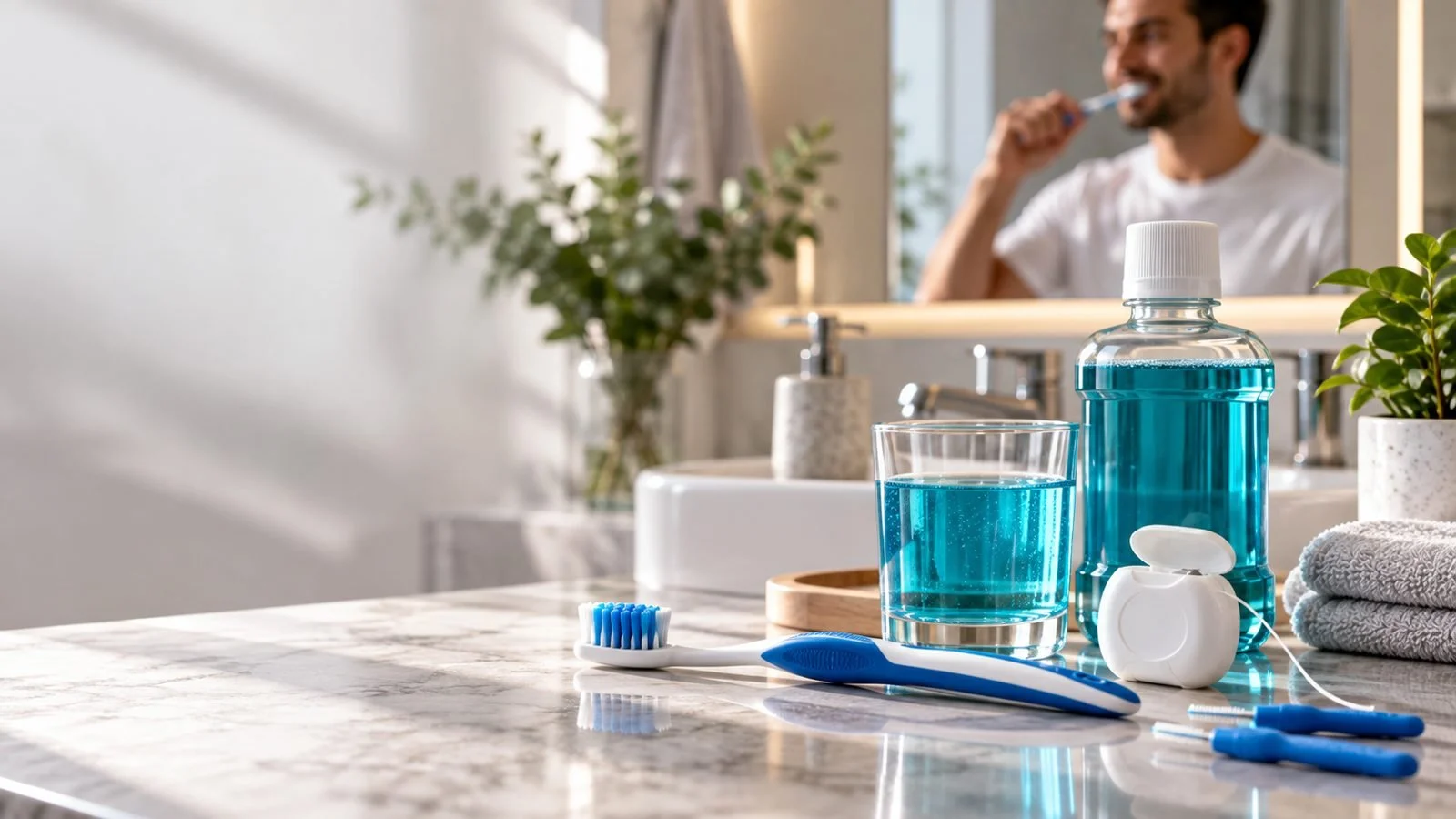 Bathroom countertop with blue mouthwash, a toothbrush, dental floss, a glass of blue liquid, a small potted plant, a rolled towel, and a man brushing his teeth in the mirror.