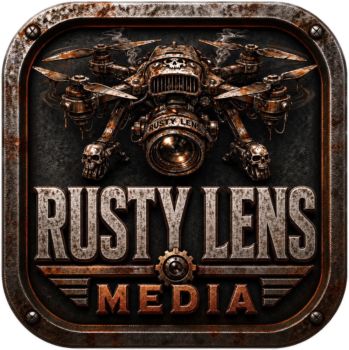 A steampunk-style robotic drone with skull details and rusted metal, resembling a flying machine, above the text 'Rusty Lenses Media' with a dark textured background.