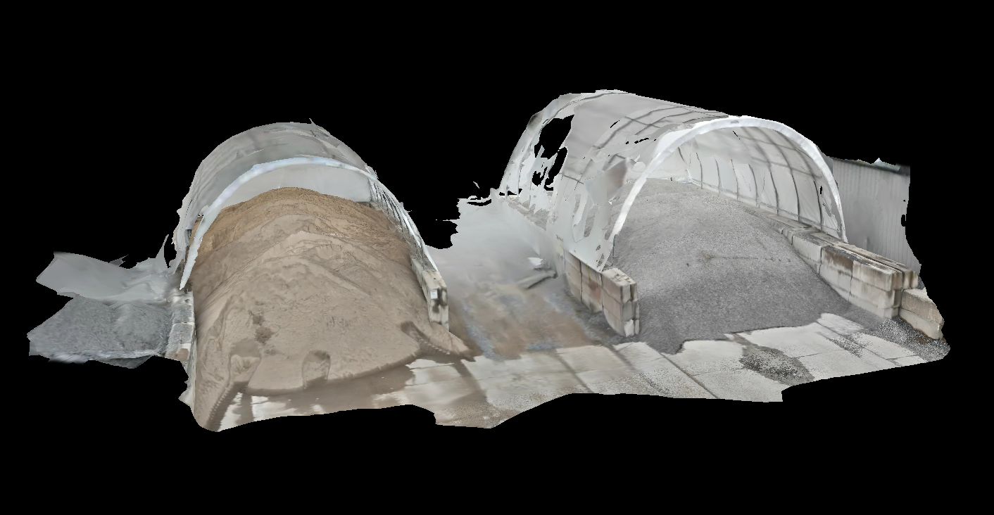 3D scan of two walk-in tunnel structures with concrete and gravel ground surfaces, possibly under construction or renovation.