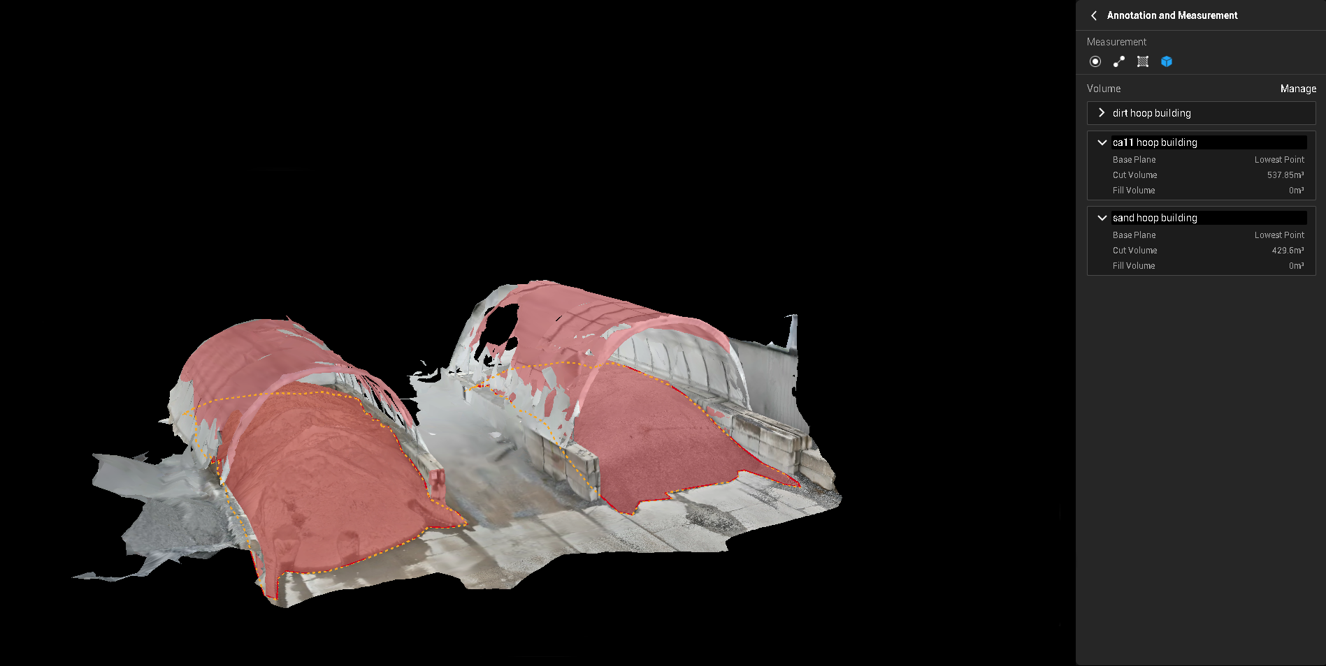 3D model of a building with two curved, tunnel-like underground sections. The model displays different soil layers, with colored segments highlighting the excavation areas.