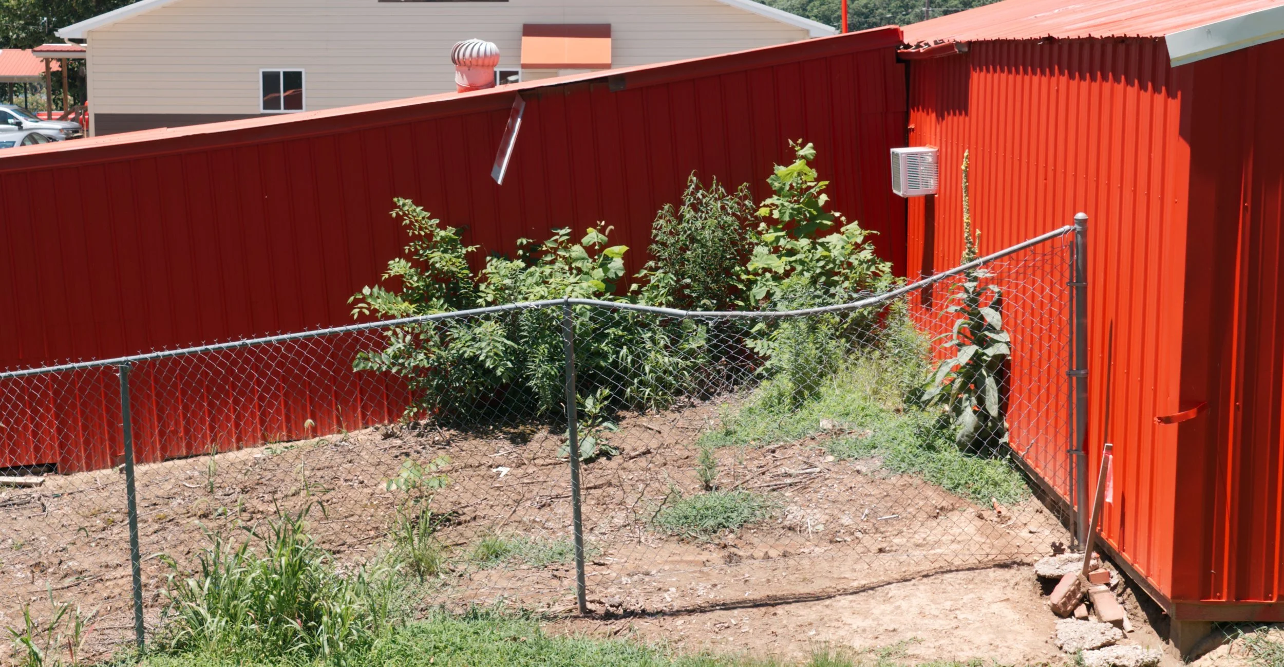 Garden with green plants enclosed by a chain-link fence, behind a red metal fence and gate, with a beige house and parked cars in the background.