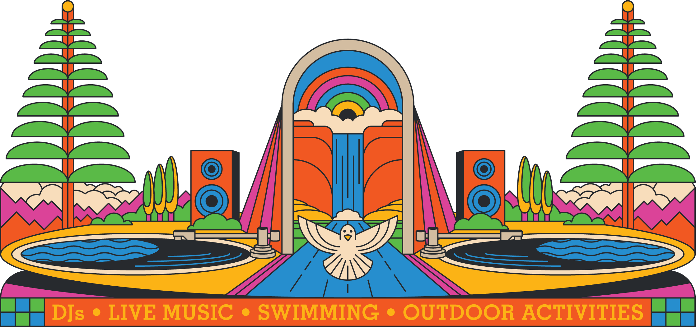 Colorful illustration of a park with two pools, trees, mountains, a rainbow, waterfalls, a dove, and a banner advertising DJs, live music, swimming, and outdoor activities.