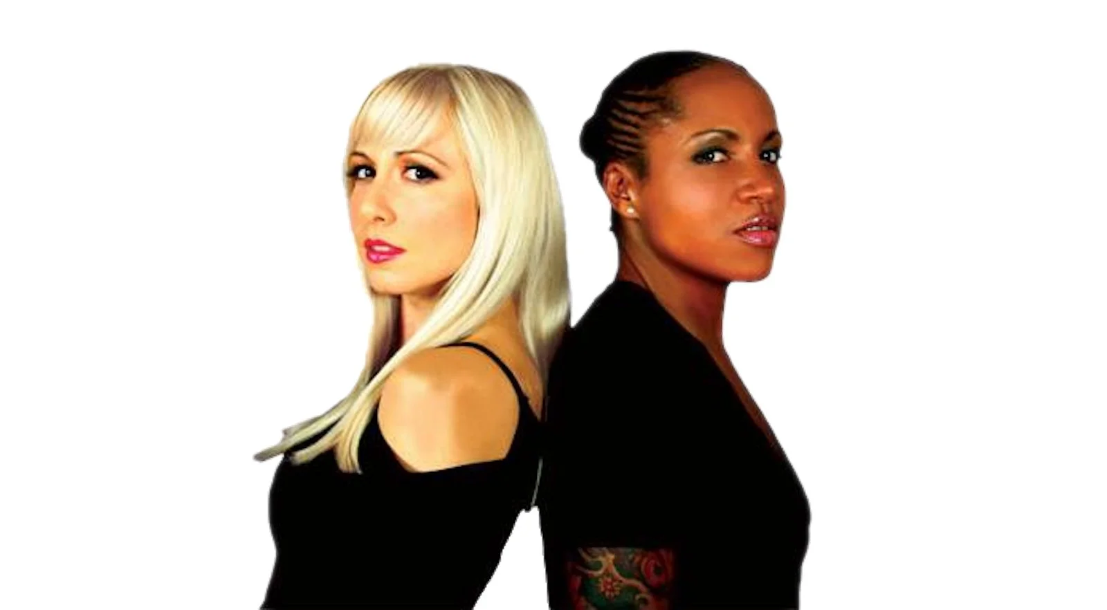 Colette & DJ Heather, standing back to back, both dressed in black against a white background.