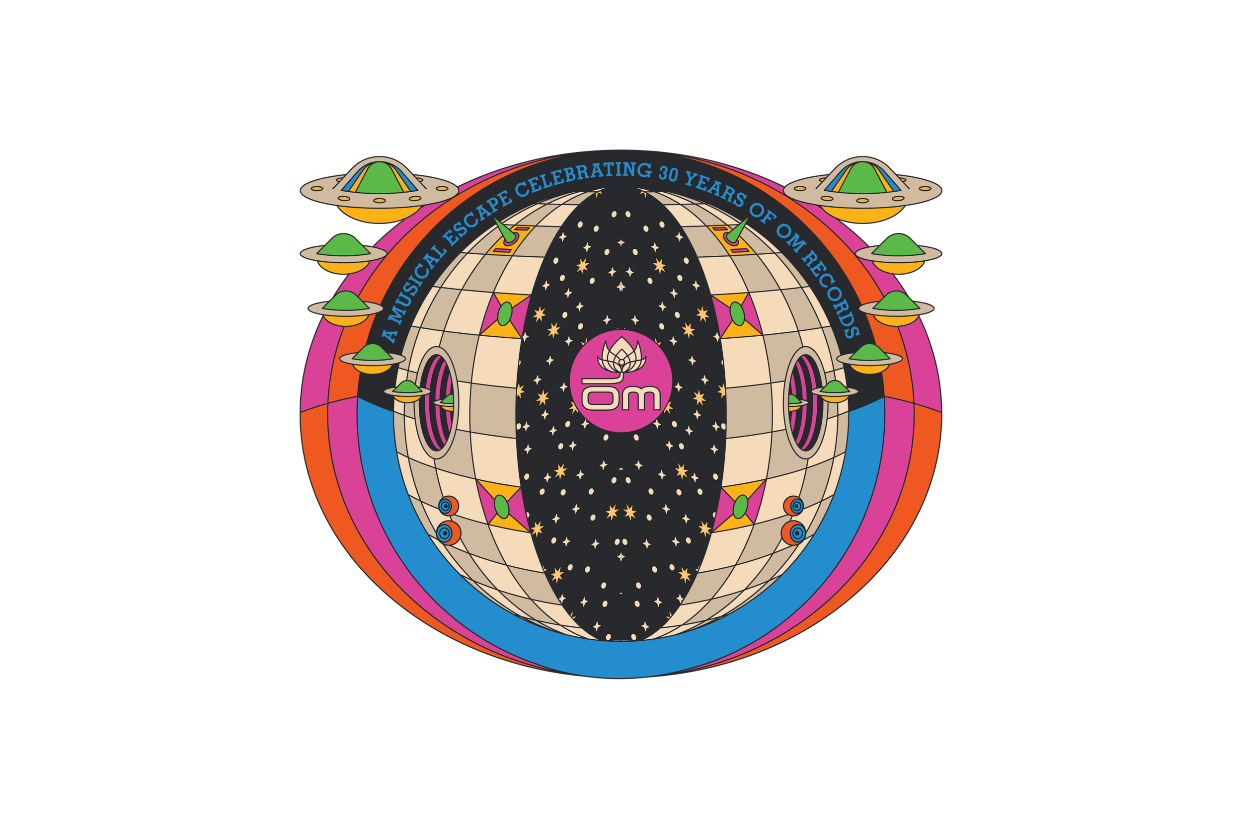 A colorful, futuristic space-themed illustration celebrating 30 years of OM Records, featuring a spherical structure with UFOs, starry sky, and the OM Records logo at the center.
