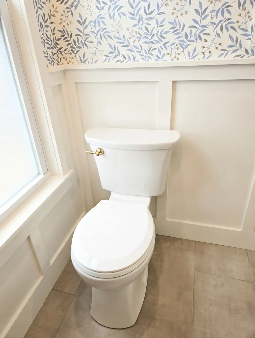 White toilet in a bathroom corner next to a window with blue and beige patterned wallpaper.