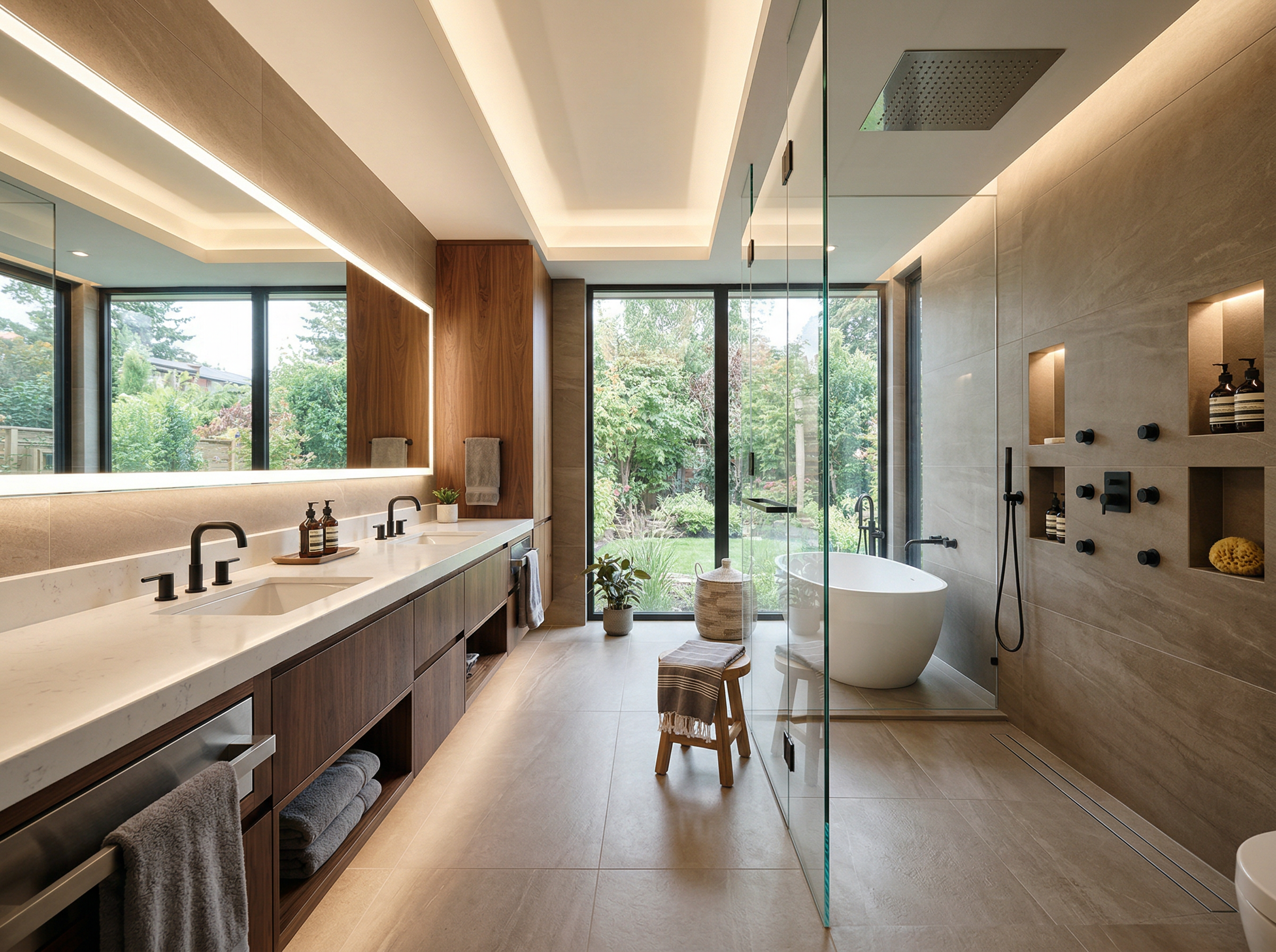 Modern bathroom with double vanity, large mirror, and a glass shower enclosure, featuring a freestanding bathtub and a view of a lush garden outside.