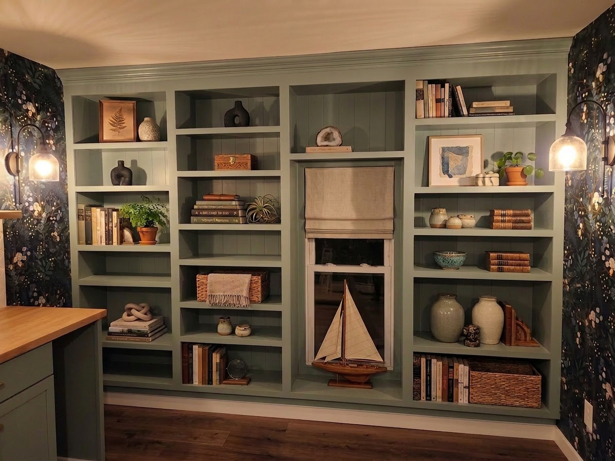 Green built-in bookshelf filled with decorative objects, books, and plants, with a sailboat model in the middle.