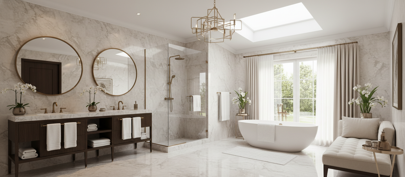 Bright, modern bathroom with free-standing bathtub near large window, double vanity with round mirrors, walk-in shower, and elegant decor with white and gold accents.