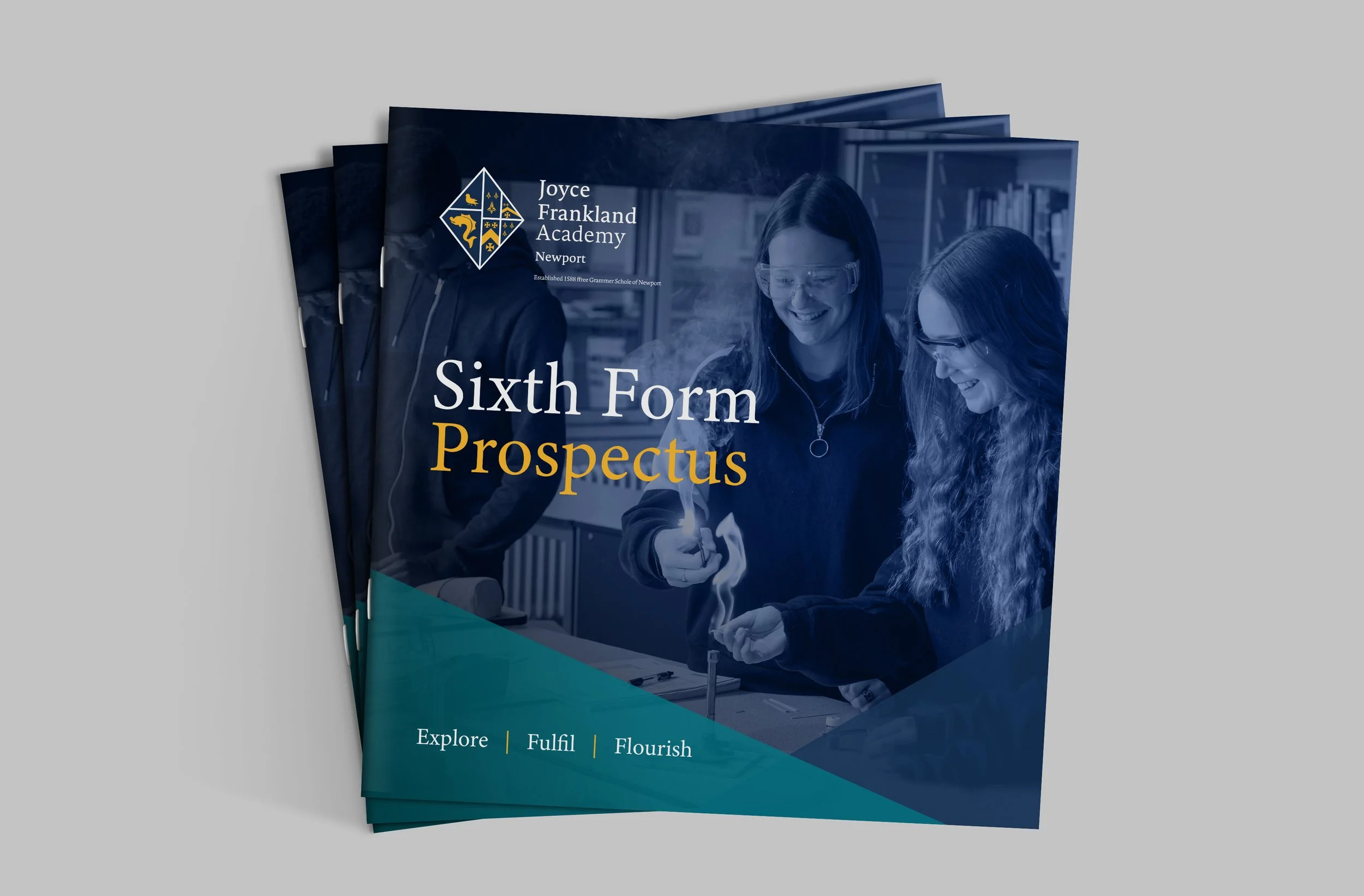 A prospective student brochure for Joyce Frankland Academy in Newport, featuring images of students studying and smiling, with the text 'Sixth Form Prospectus' and words 'Explore, Fulfill, Flourish'.