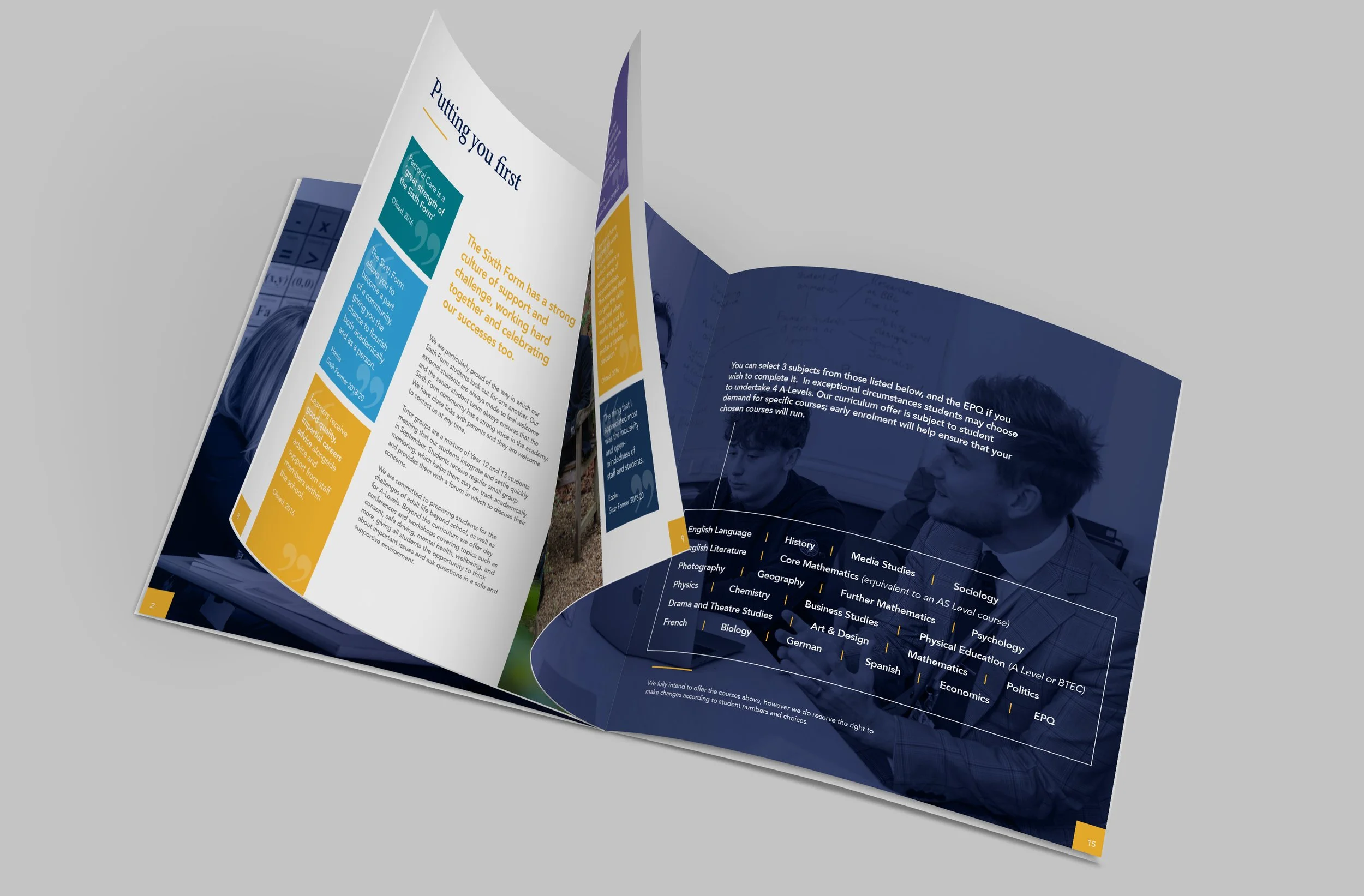 Open academic prospectus with text and student images, displaying course information and university highlights.