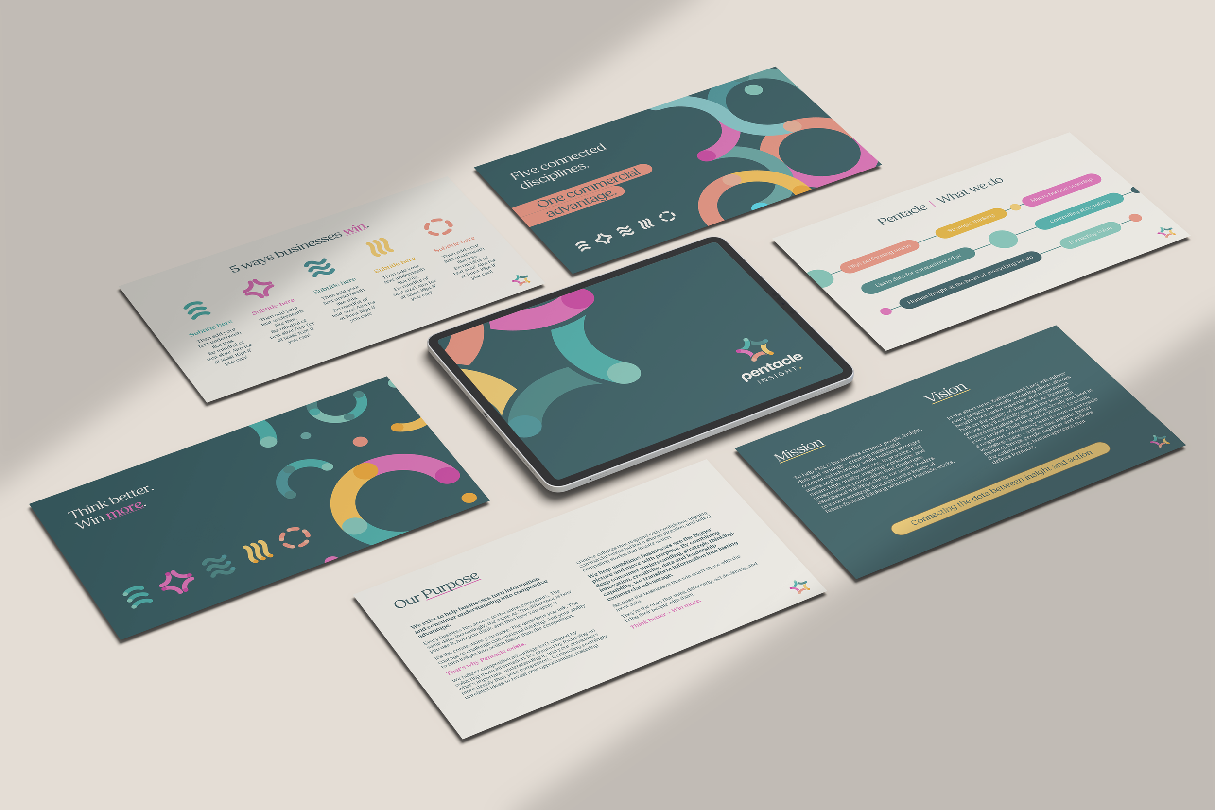 Arrangement of marketing and presentation materials for Pentacle Insight, including a tablet, flyers, and posters with colorful abstract designs and text about business strategies and company vision.