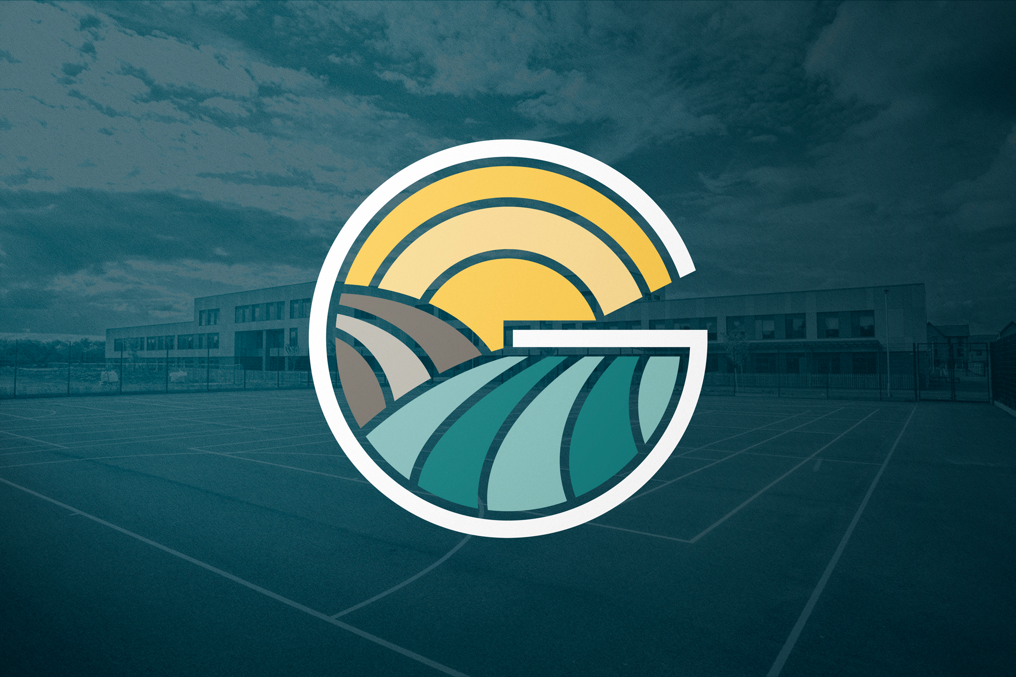Graphic of a sunset over fields with the sun partially visible behind hills, superimposed on a sports court background.