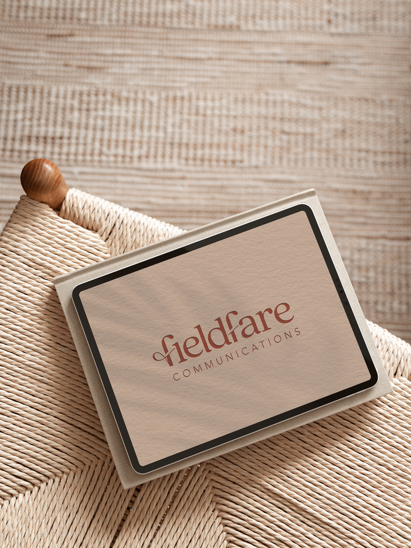 A tablet displaying 'Fieldfare Communications' on a beige background, resting on a woven rattan surface with a wooden handle in the top left corner.