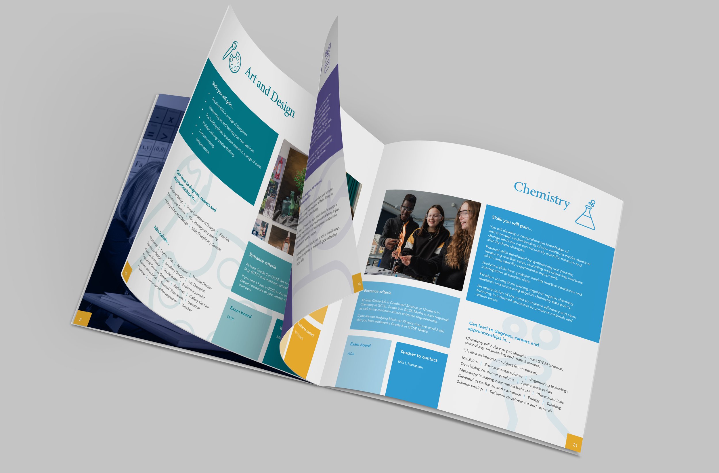 A colorful, tri-fold booklet or brochure is open, showing content on art, design, and chemistry with images of students and lab equipment.
