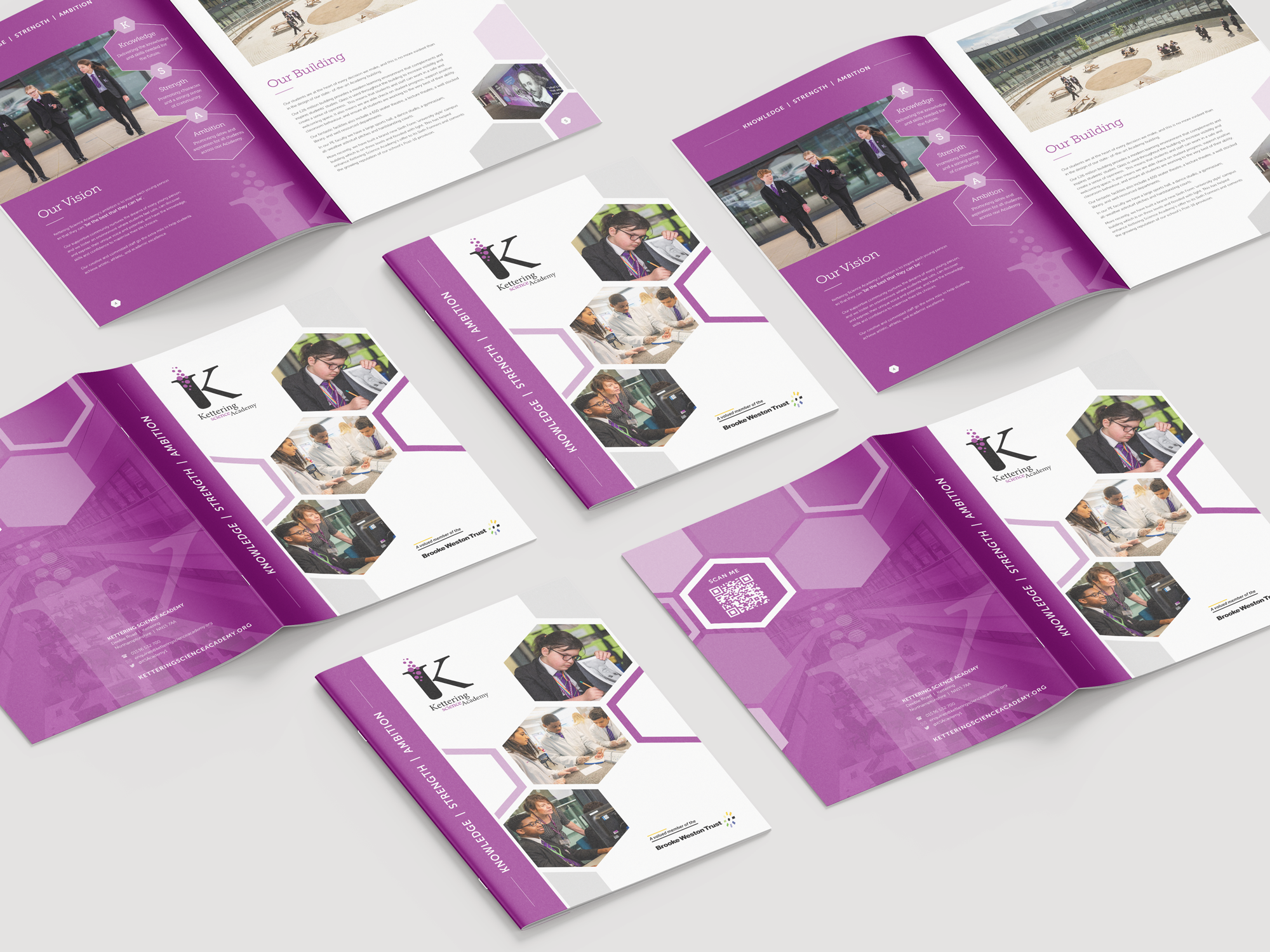 Open prospectus of Kettering Science Academy with purple and white design, featuring photos of students in classroom and outdoor settings, and the academy's branding.