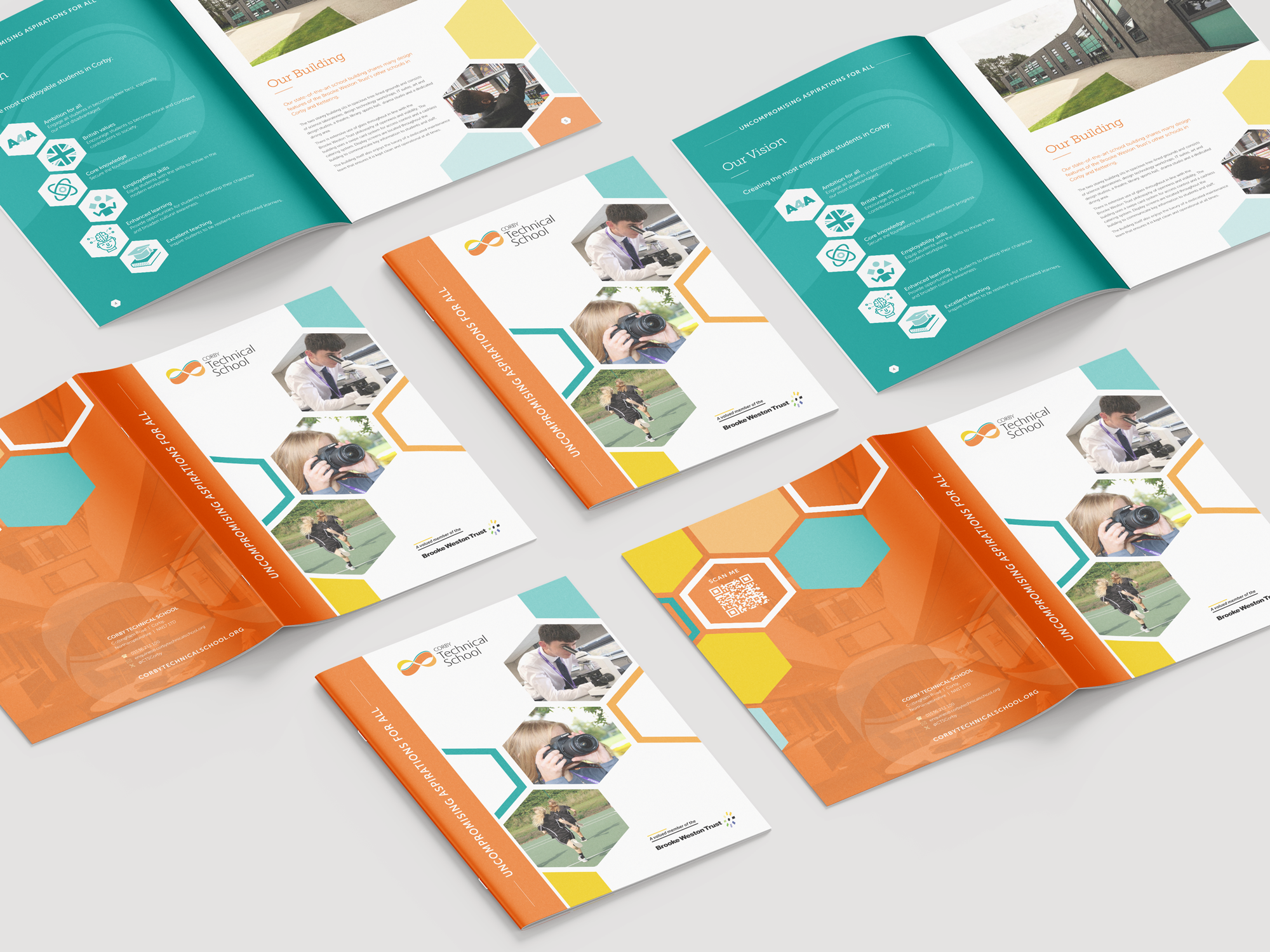 Multiple prospectuses for Corby Technical School, featuring images of students engaging in science and sports activities, with colorful hexagonal design elements and the school logo.