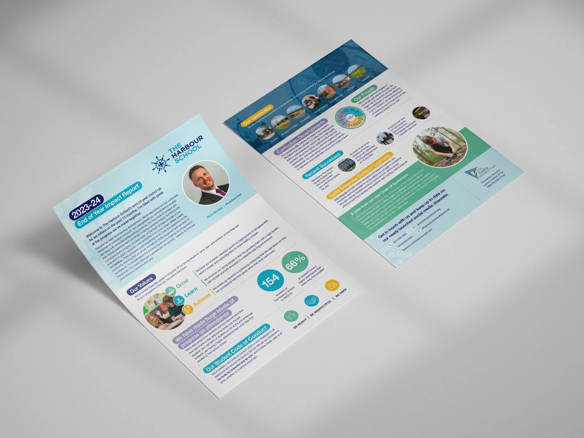 Two colorful informational brochures on a white background, showcasing details about a school or educational institution, with images of teachers and students, charts, and text sections.