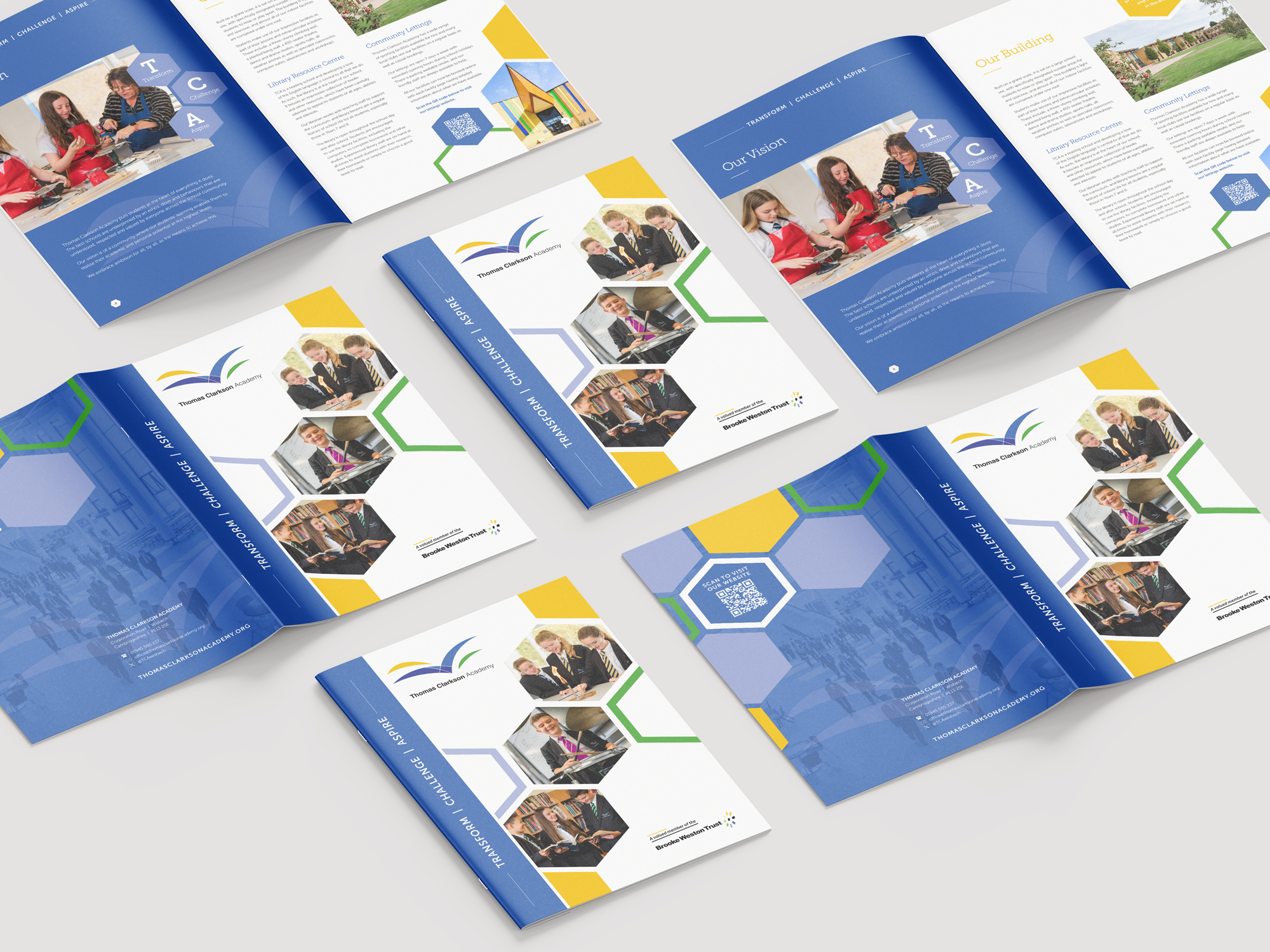 Open prospectuses for Thomas Clarkson Academy featuring a blue, white, yellow, and green color scheme, with text sections on their vision and community, and photos of students and the school exterior.