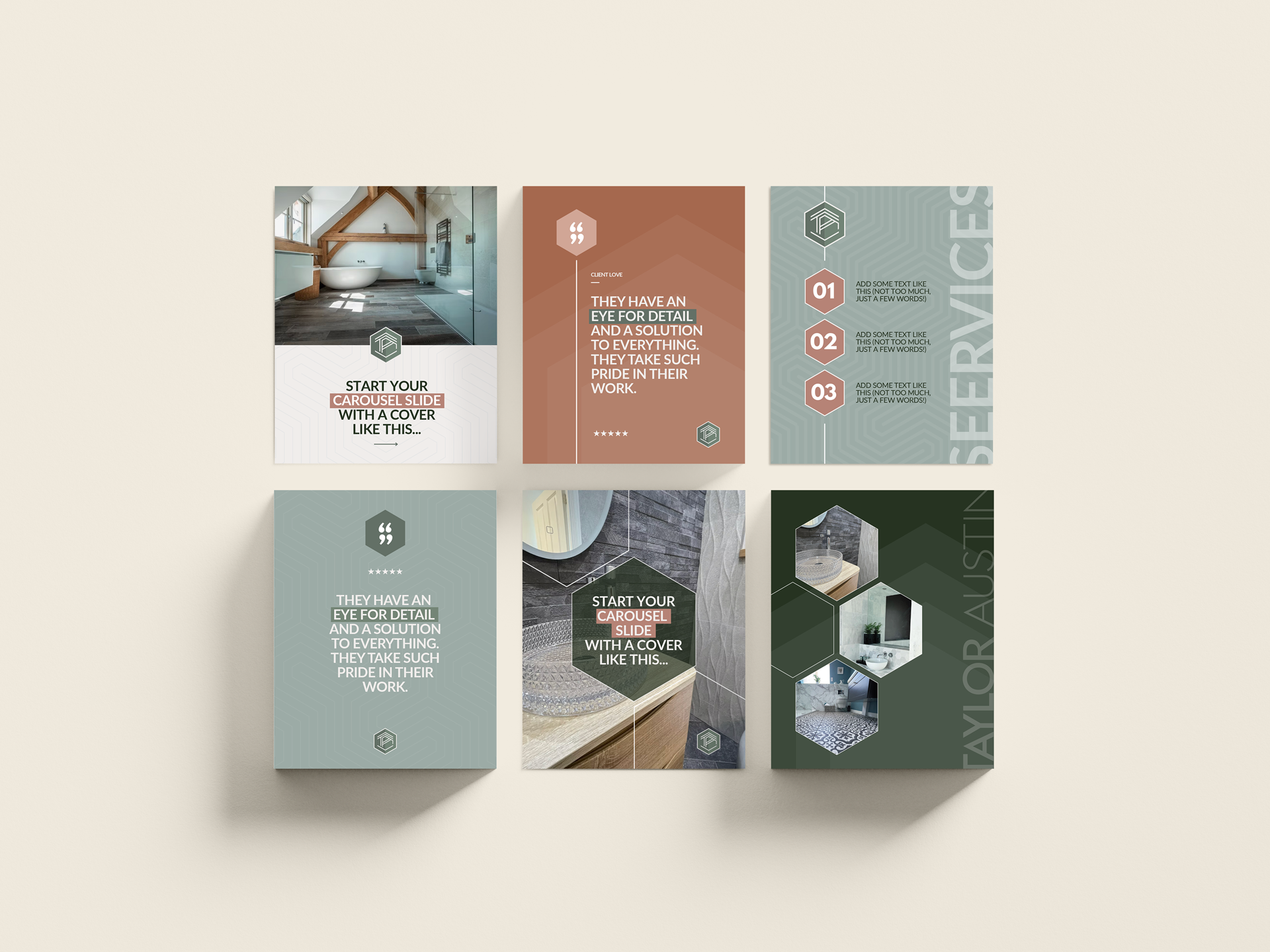 Six interior design promotional slides featuring bathroom and home decor images with text outlines for a presentation.
