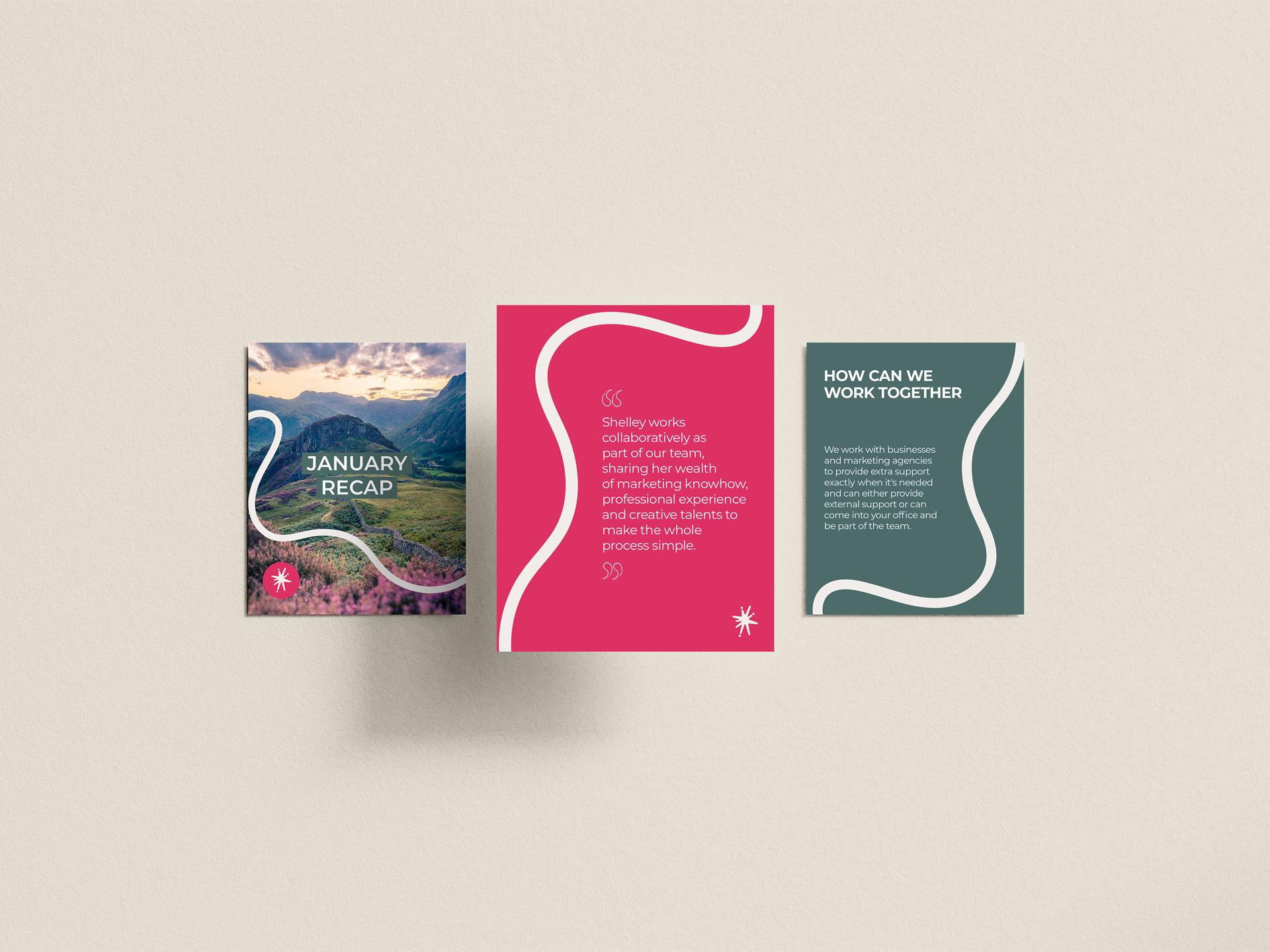 Three social media templates for The Creative Marketing Studio featuring their branding, suggested text layouts and imagery direction.