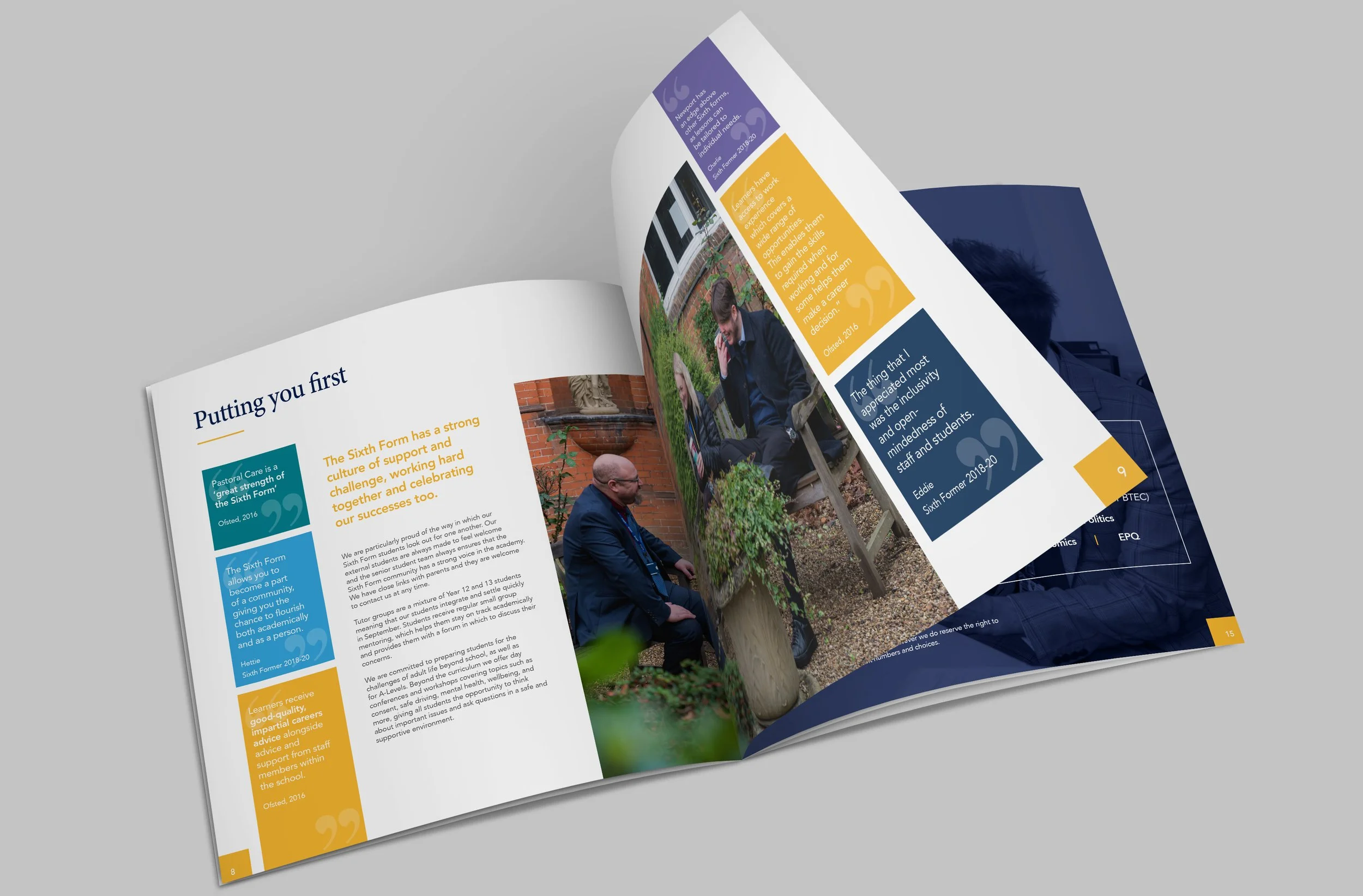 An open magazine showing pages with text, images of people sitting outdoors, and colorful section headers.