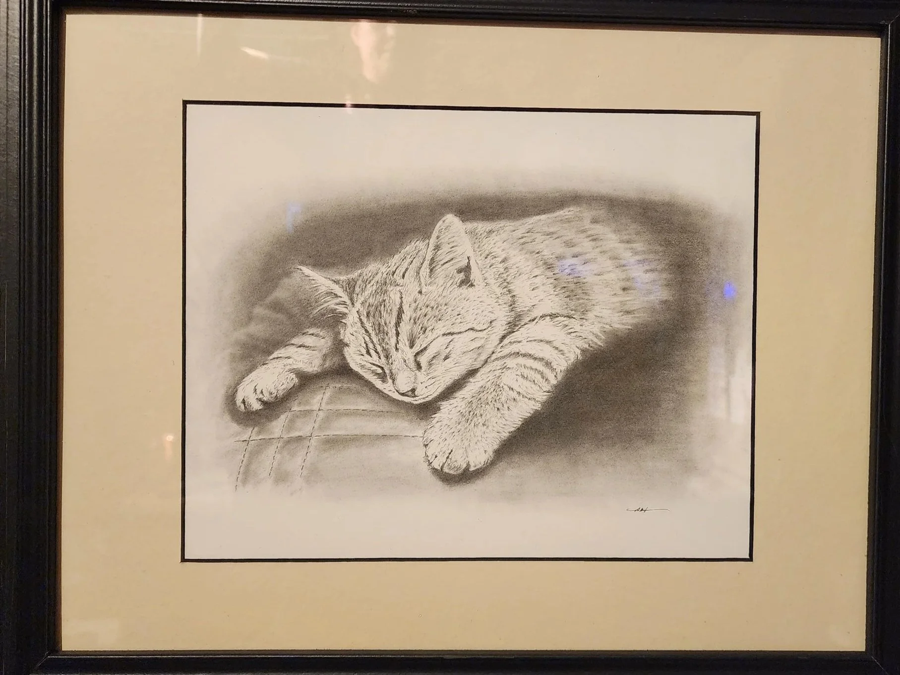 Black and white sketch of a sleeping tabby cat lying on a quilted surface, framed in black.