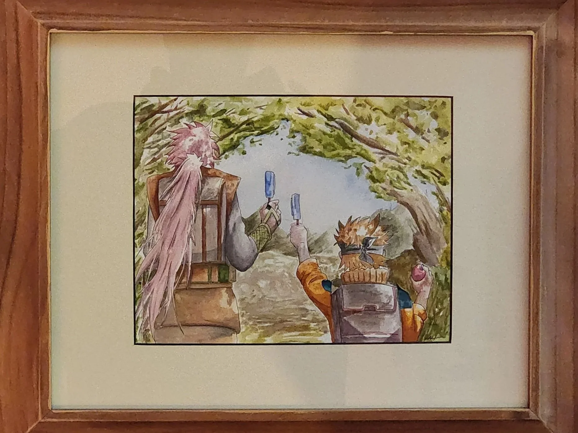 Framed watercolor painting from the anime series Naruto, holding popsicles outdoors in a lush green park with trees.