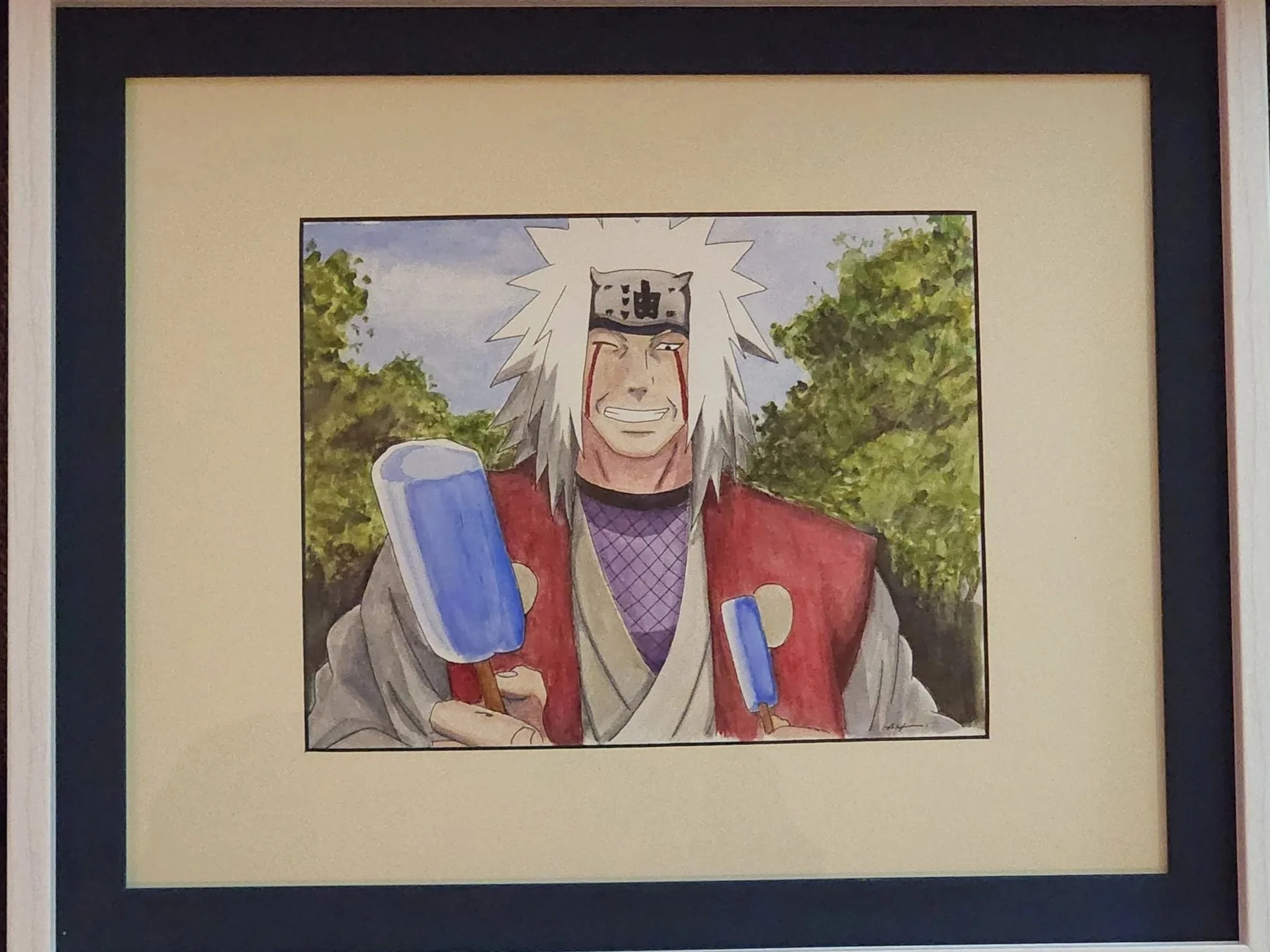 A framed watercolor painting of Naruto Uzumaki from the anime series Naruto, smiling, holding popsicles, set against a background of trees and blue sky.