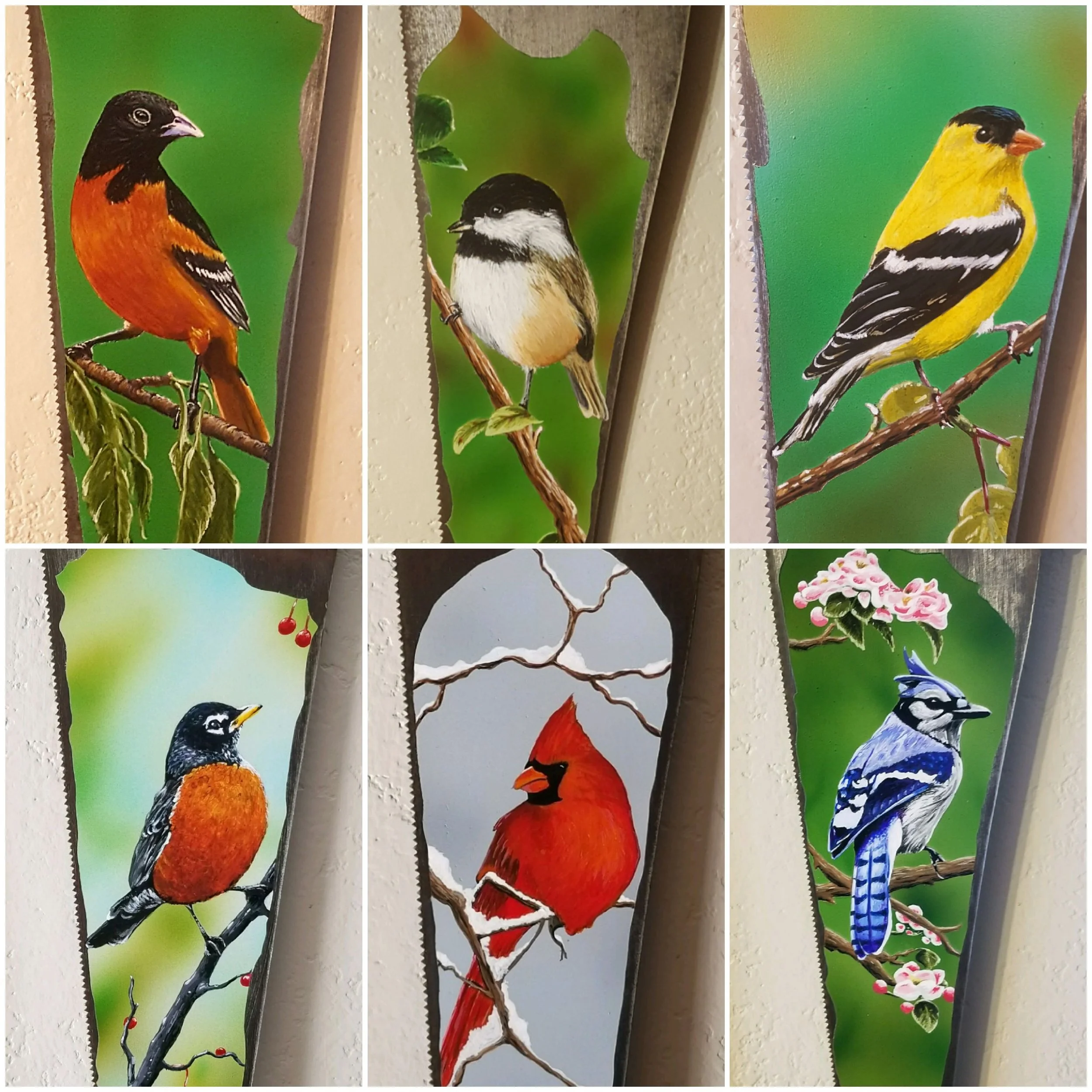 Panels featuring painted birds on branches with green backgrounds, including a Baltimore Oriole bird, a Black Cap Chickadee, and a Robin.