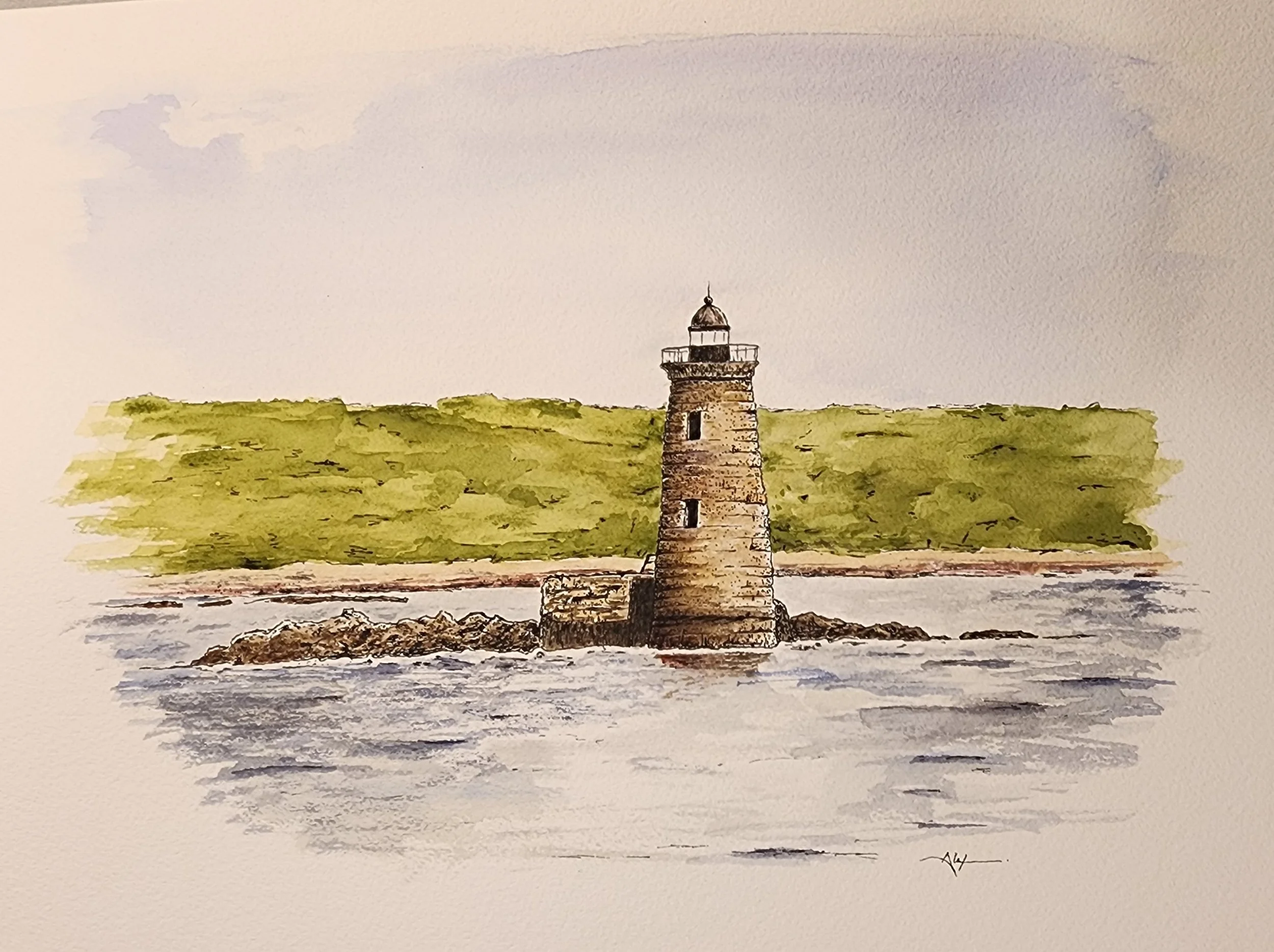 Watercolor painting of a lighthouse on a rocky island with water in the foreground and green land in the background.