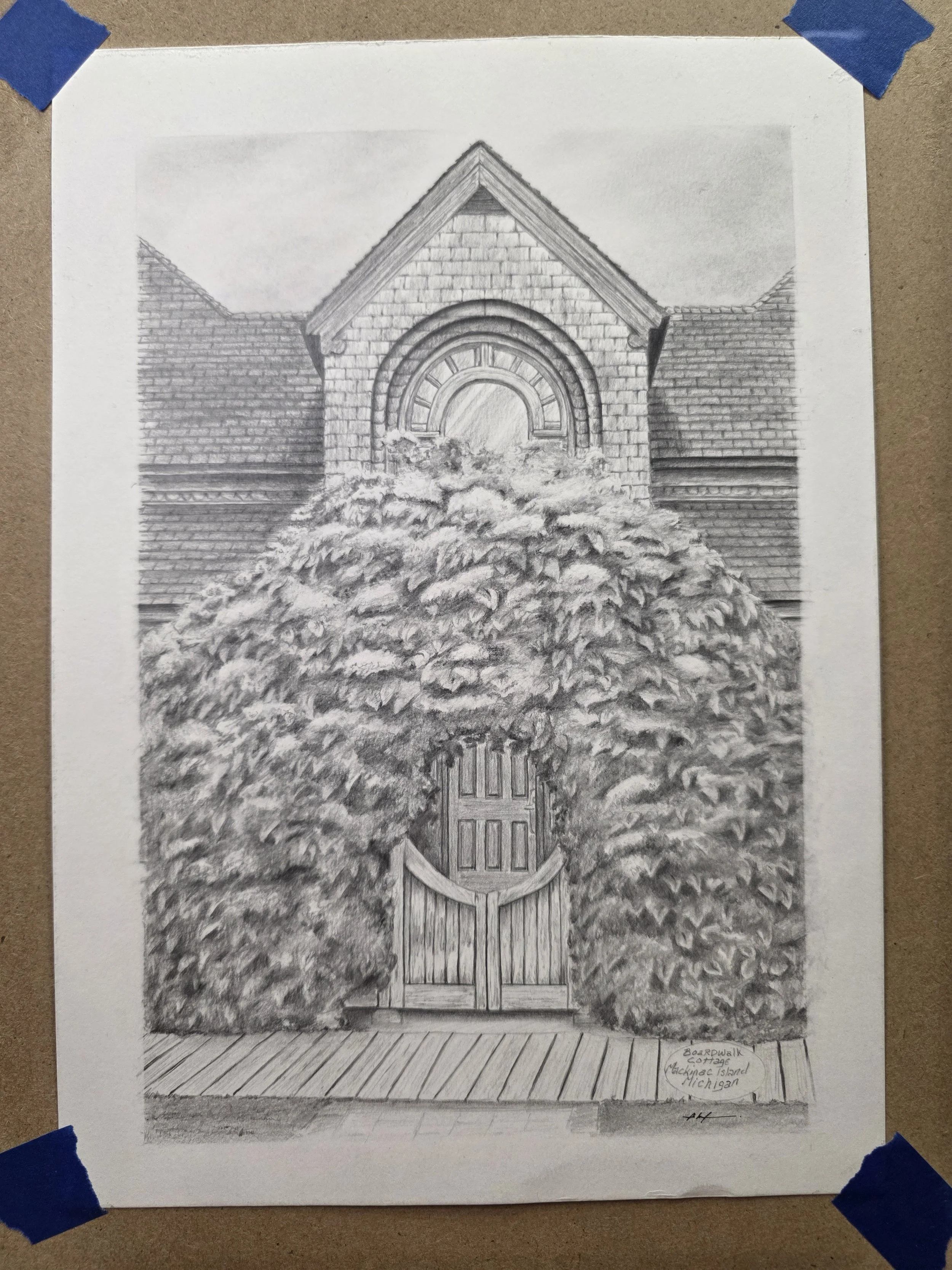 A detailed pencil drawing of a cottage facade featuring a large arched window decorated with brickwork, surrounded by lush foliage and a small wooden gate at the entrance.