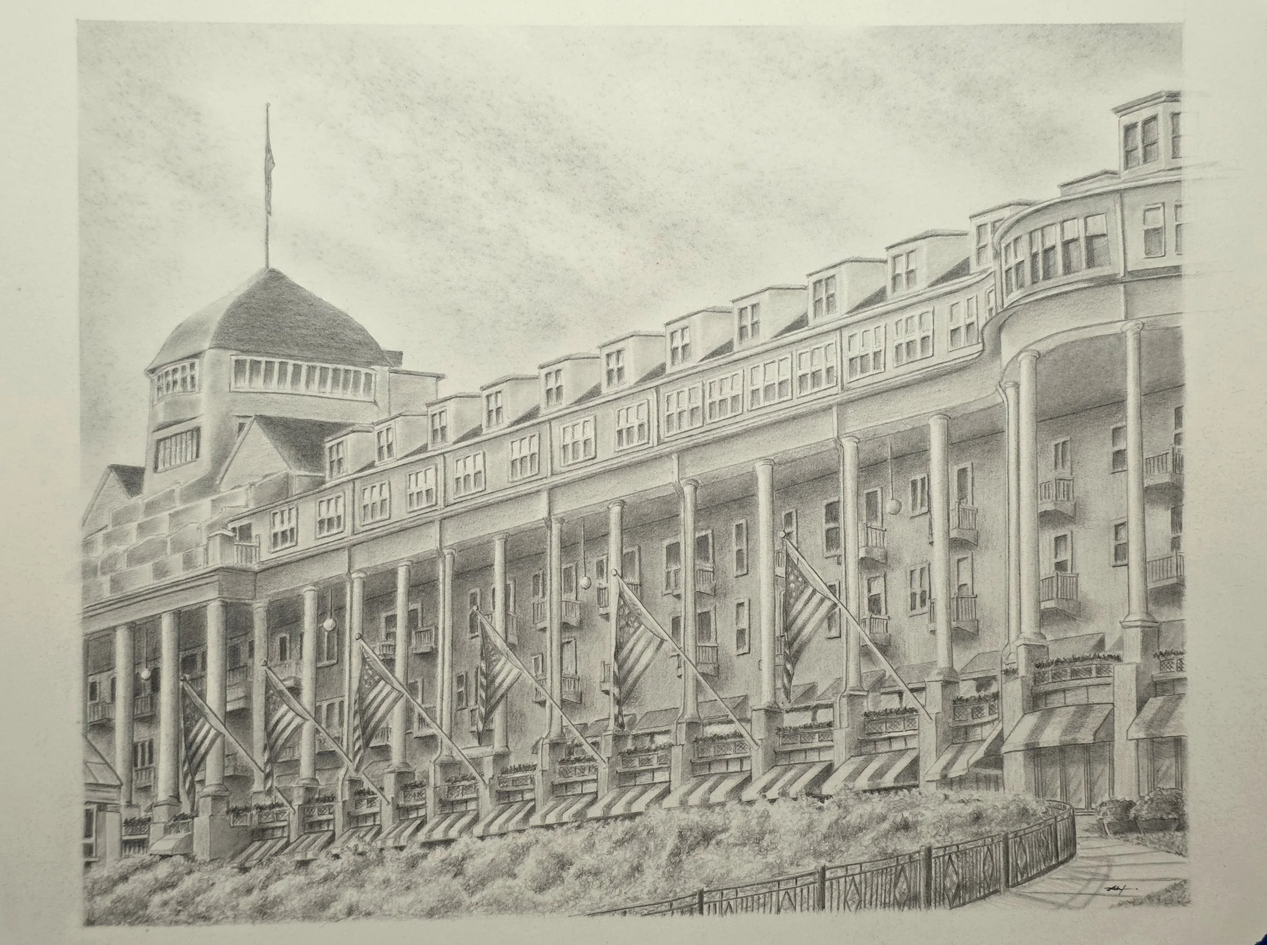 A detailed black-and-white architectural drawing of The Grand Hotel on Mackinac Island 