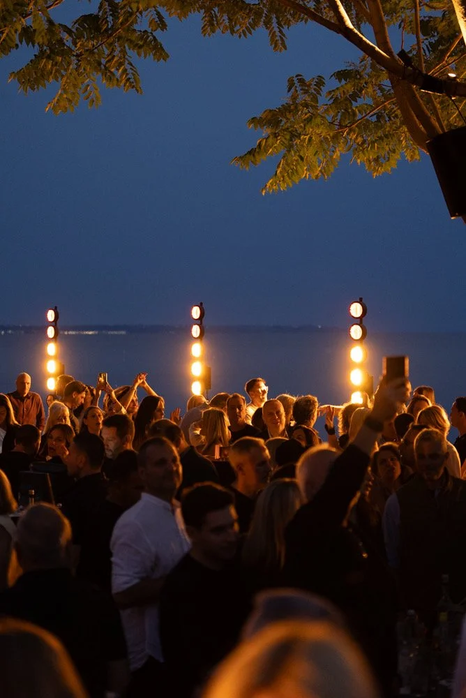People enjoying an outdoor night event with bright stage lights near a body of water, above a tree.
