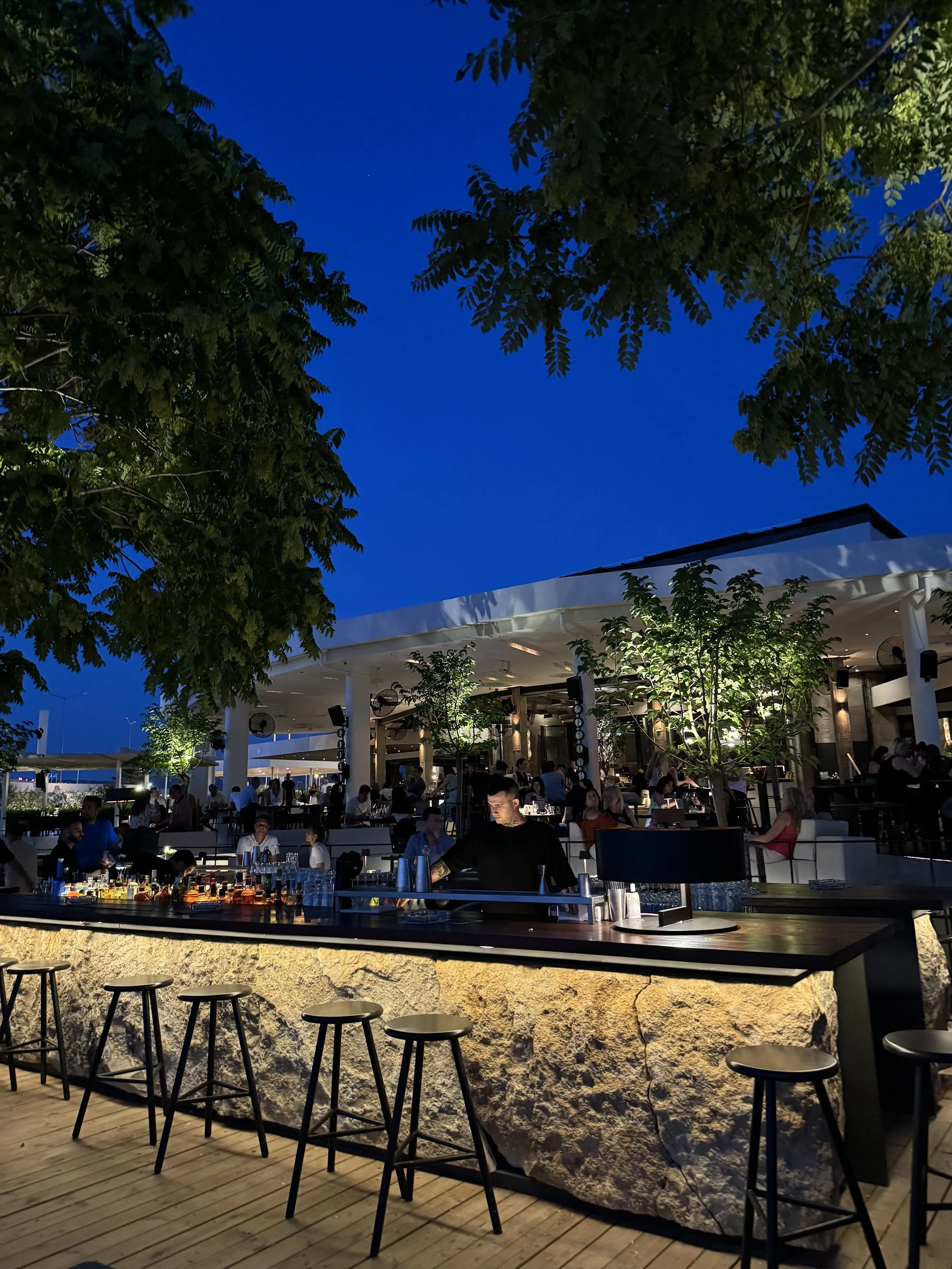 Outdoor bar at night with people sitting around, bartender preparing drinks, illuminated trees, and a building in the background with a clear, dark blue sky.