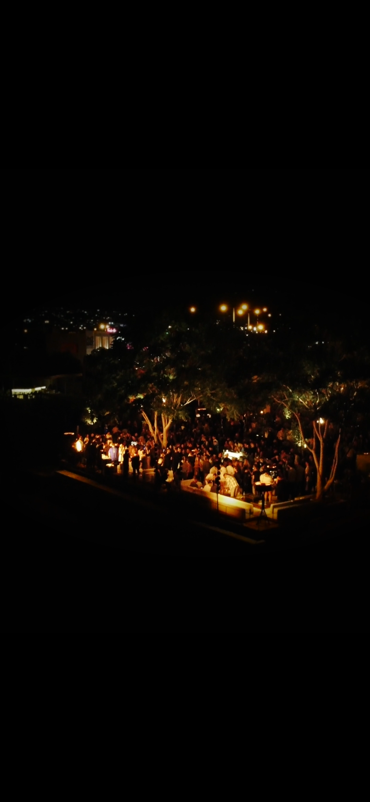Night scene of a crowded outdoor gathering under trees with streetlights illuminating the area.
