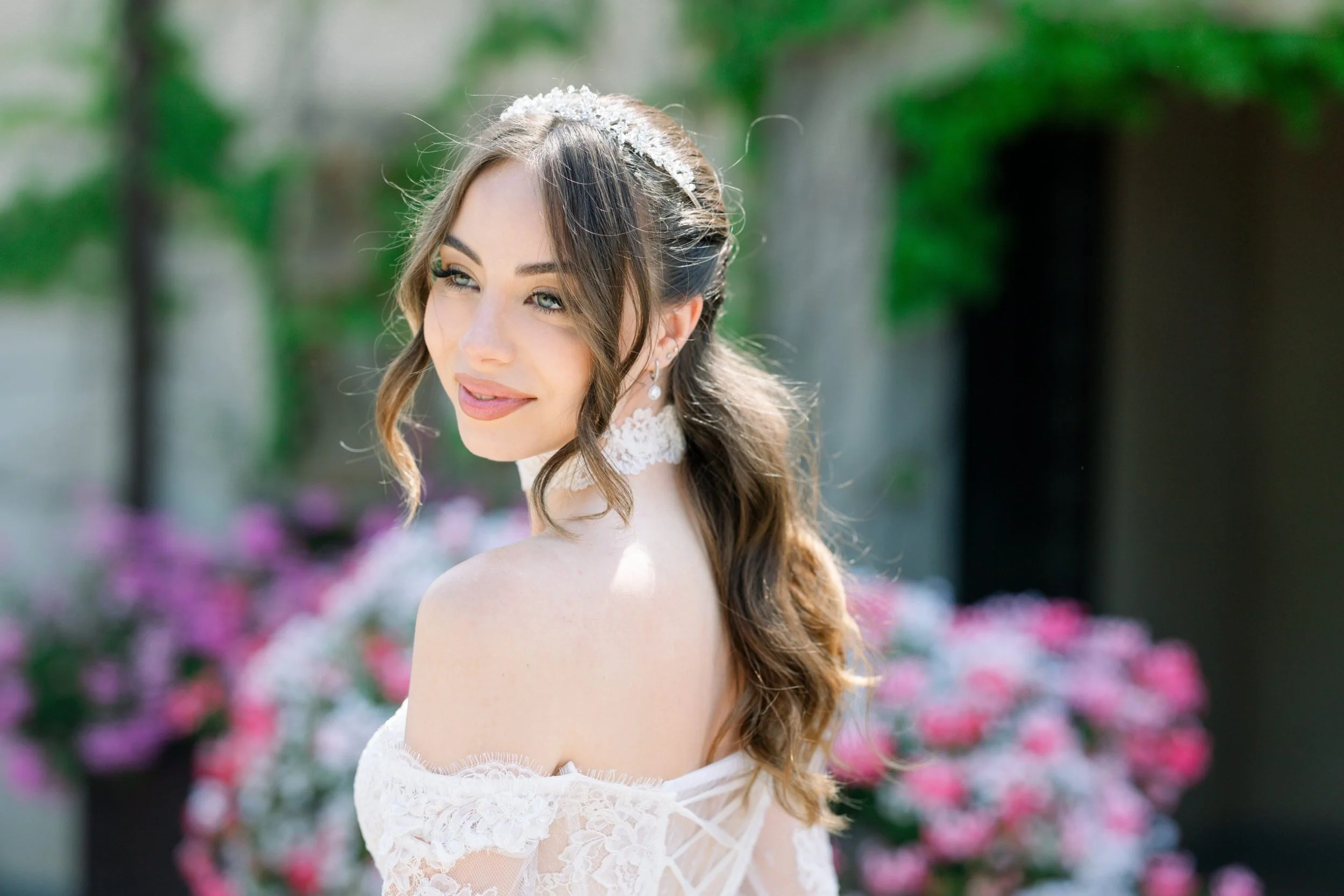 Elegant bride in a Mediterranean garden setting