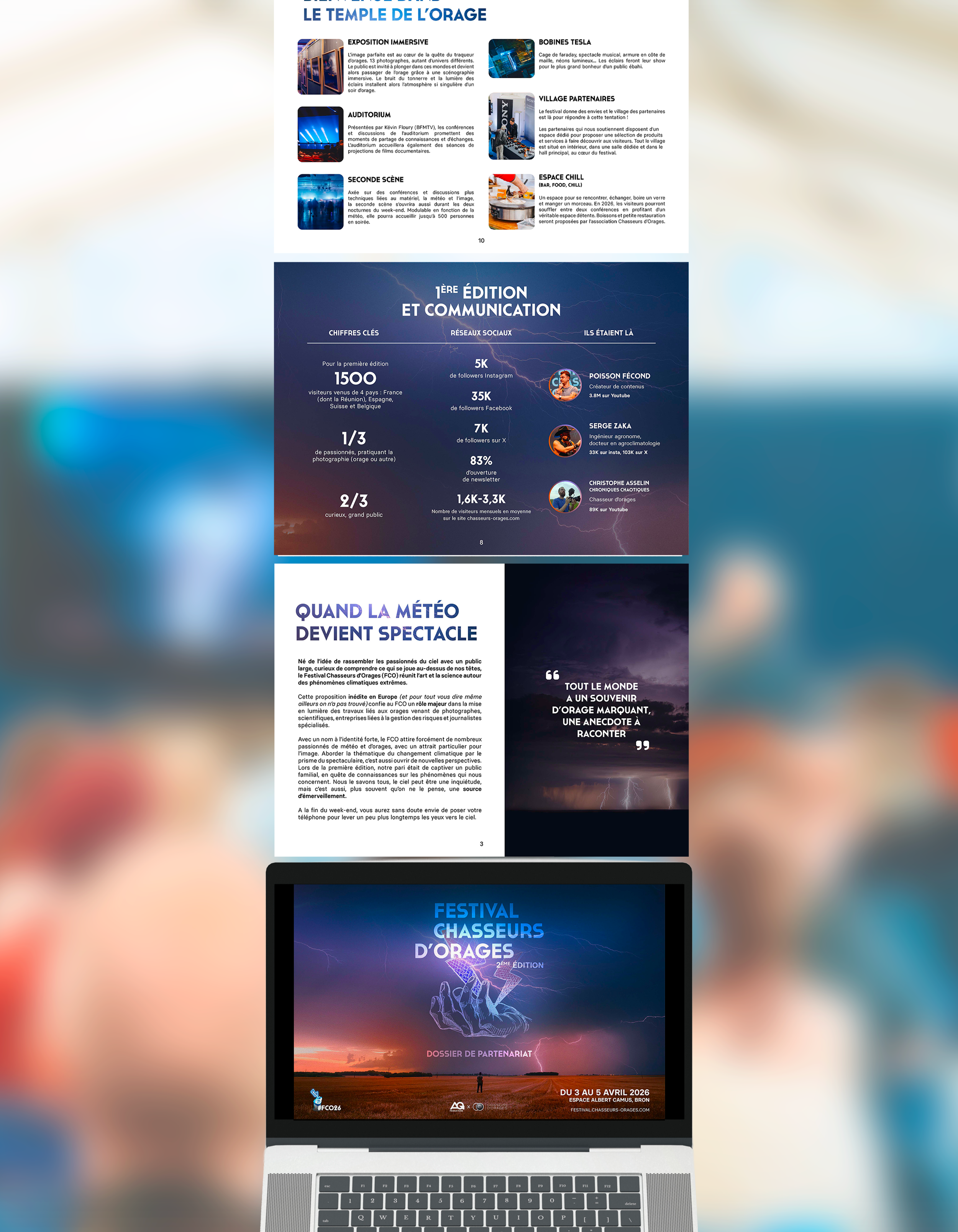 Programme du festival Chasseurs d'Orages, édition 2026, avec informations sur la communication, le partenariat, et des images de éclairs et de paysages.