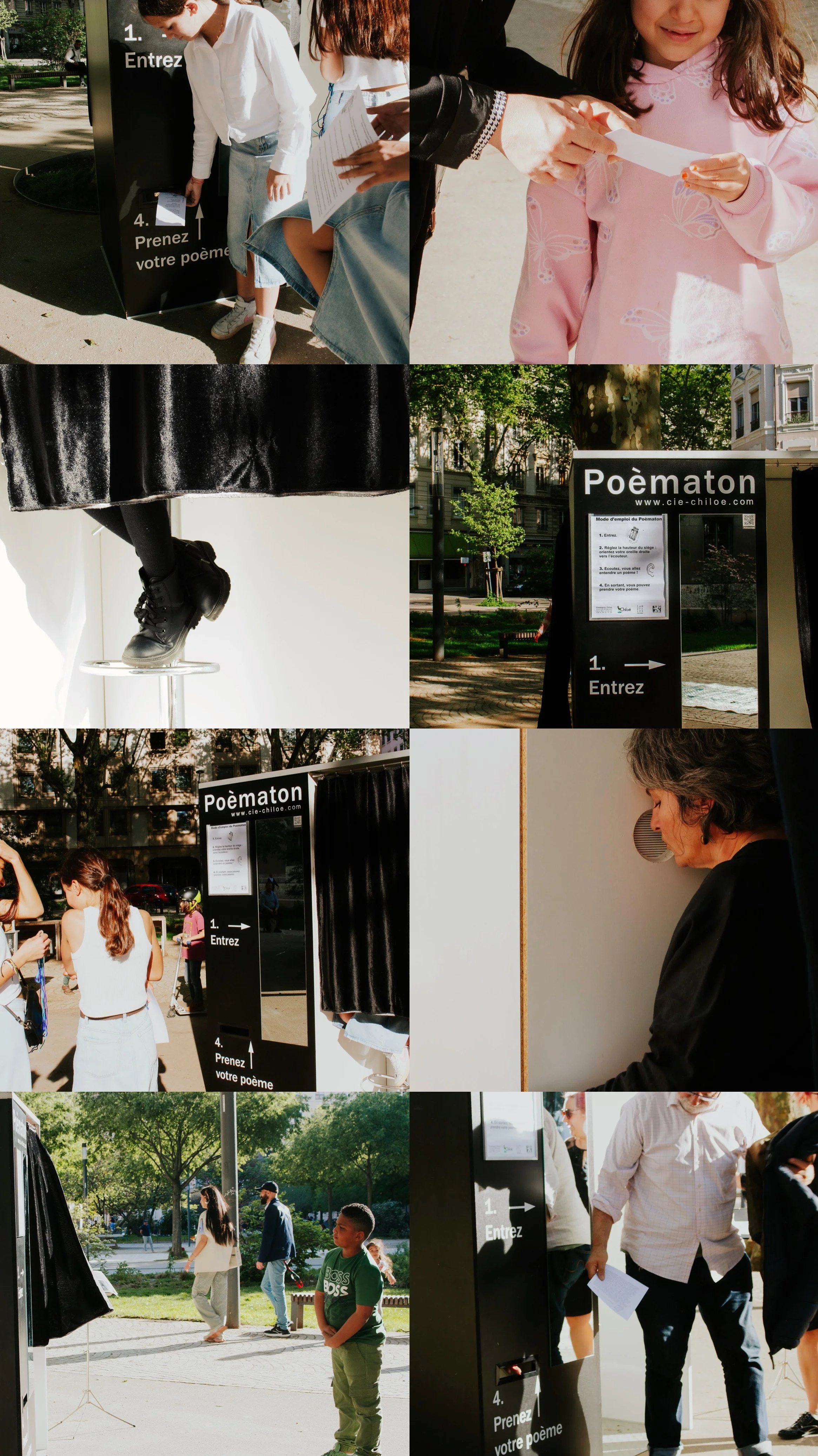Une série de photos montrant des enfants et des adultes interagissant avec des bornes d'inscription où ils prennent des poèmes. Les images présentent des personnes dans un parc ou en extérieur, utilisant les bornes pour participer à une activité poétique.