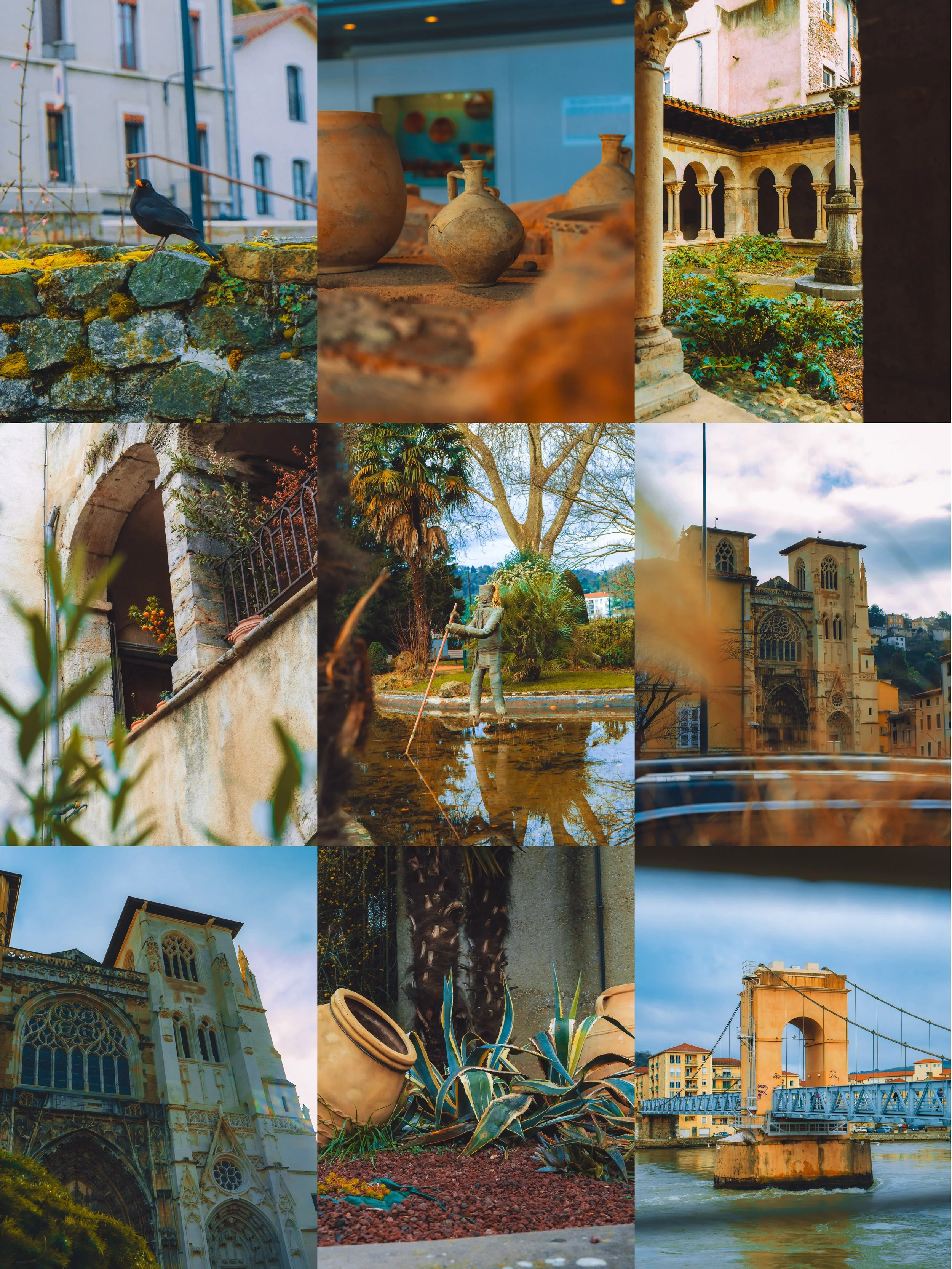 Collection de photos montrant des bâtiments historiques, une cour avec colonnes, une sculpture de statue, un pont sur la rivière, des plantes en pots, et un ciel nuageux, probablement prise dans une ville européenne avec une architecture ancienne.