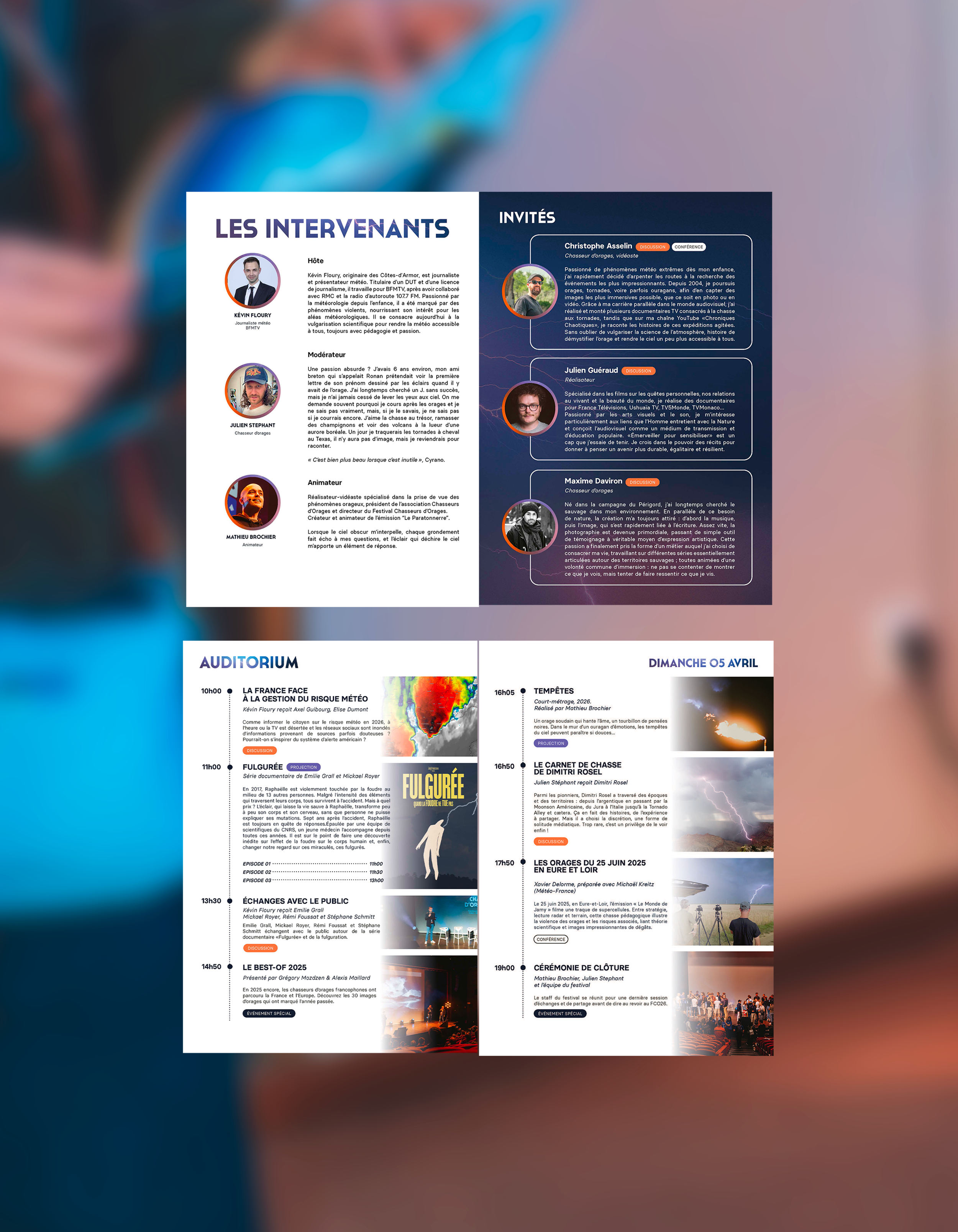 Programme d'un festival avec intervenants, conférences, projections et échanges, organisé en avril 2025. La page montre les noms des intervenants, leur description et le déroulement des activités.